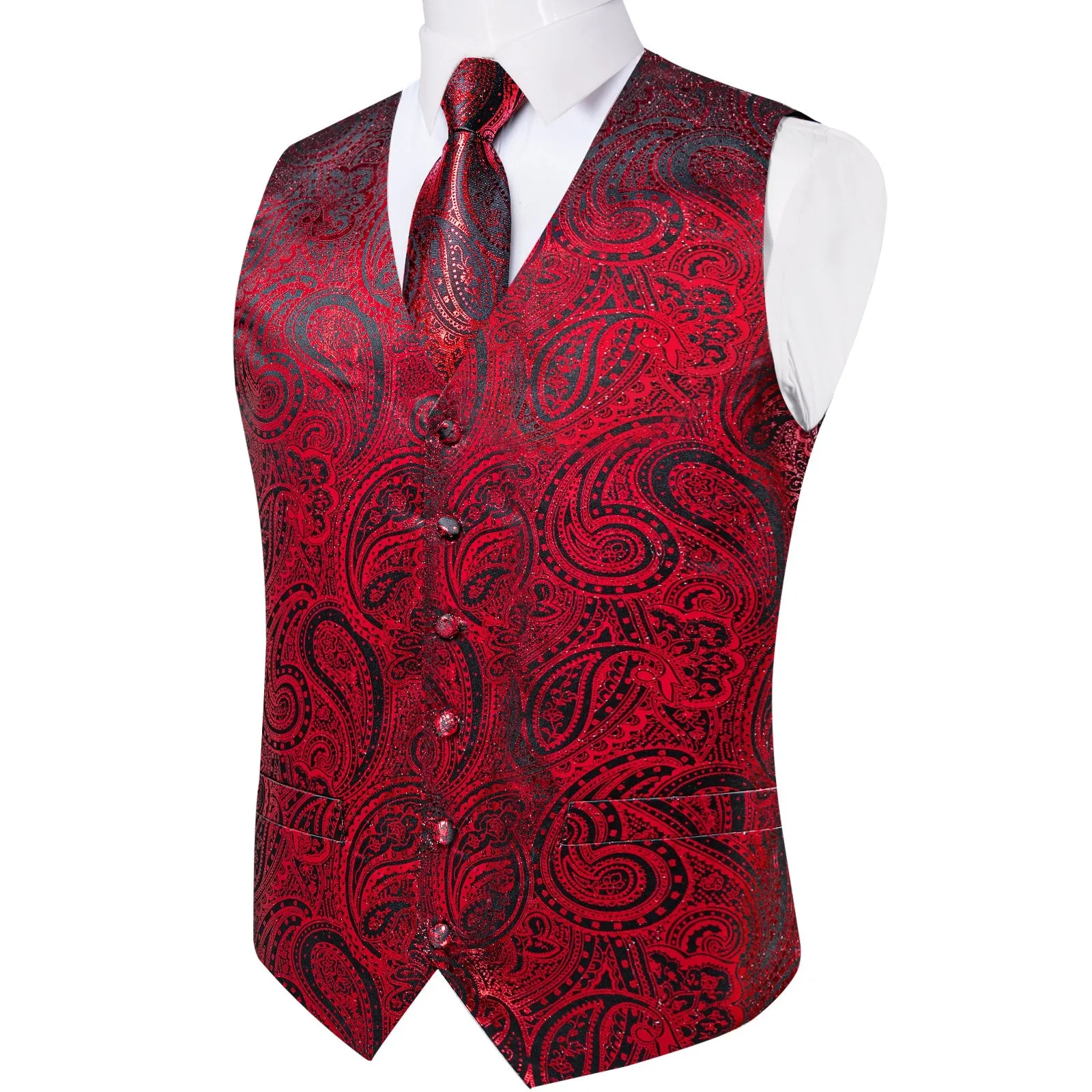 Red Paisley Silk Men's Vest Hanky Cufflinks Tie Set