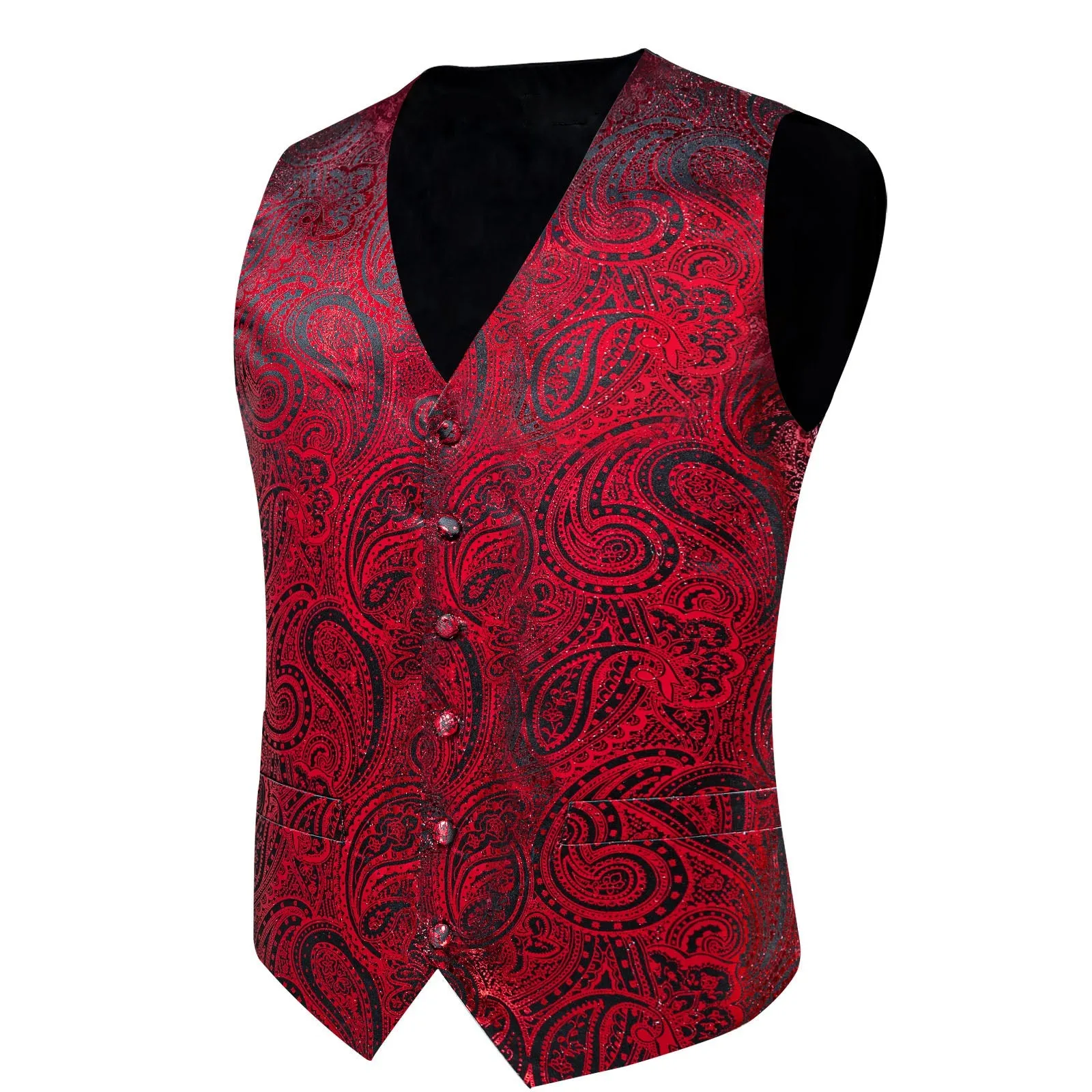 Red Paisley Silk Men's Vest Hanky Cufflinks Tie Set