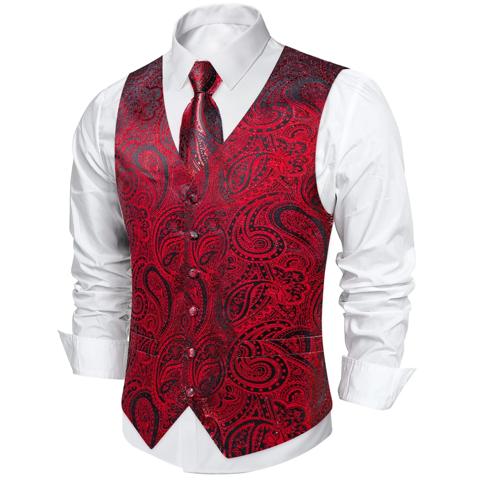 Red Paisley Silk Men's Vest Hanky Cufflinks Tie Set