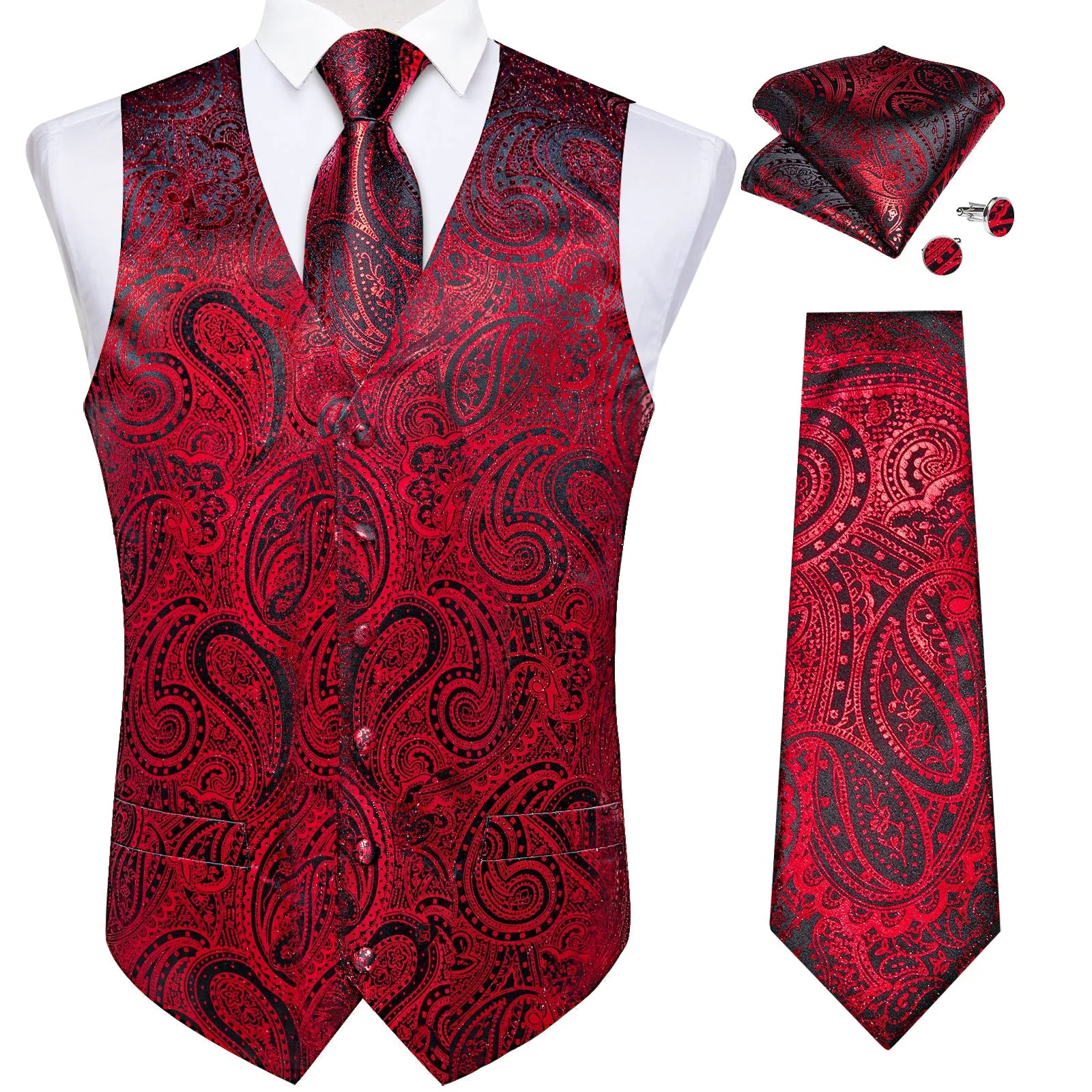 Red Paisley Silk Men's Vest Hanky Cufflinks Tie Set