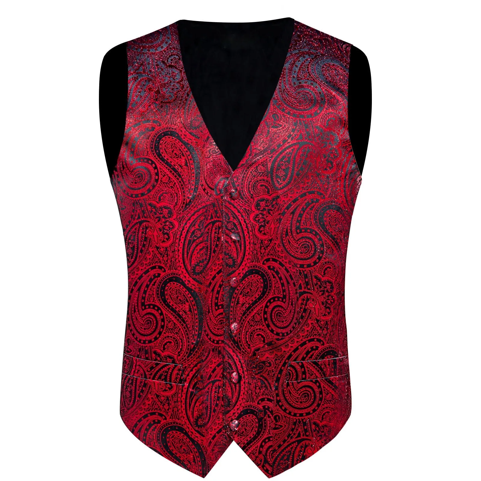 Red Paisley Silk Men's Vest Hanky Cufflinks Tie Set