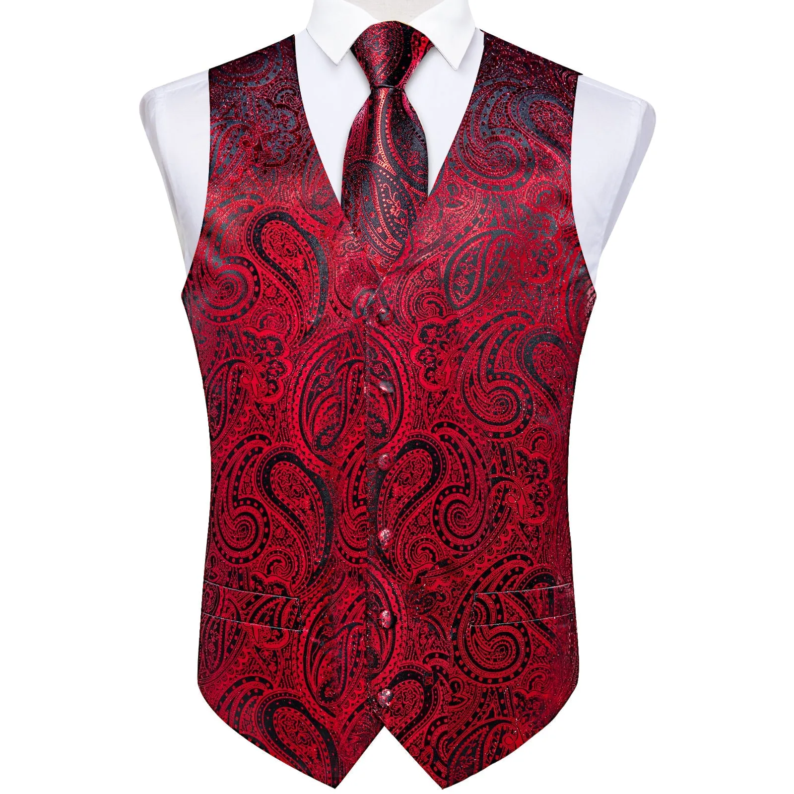 Red Paisley Silk Men's Vest Hanky Cufflinks Tie Set