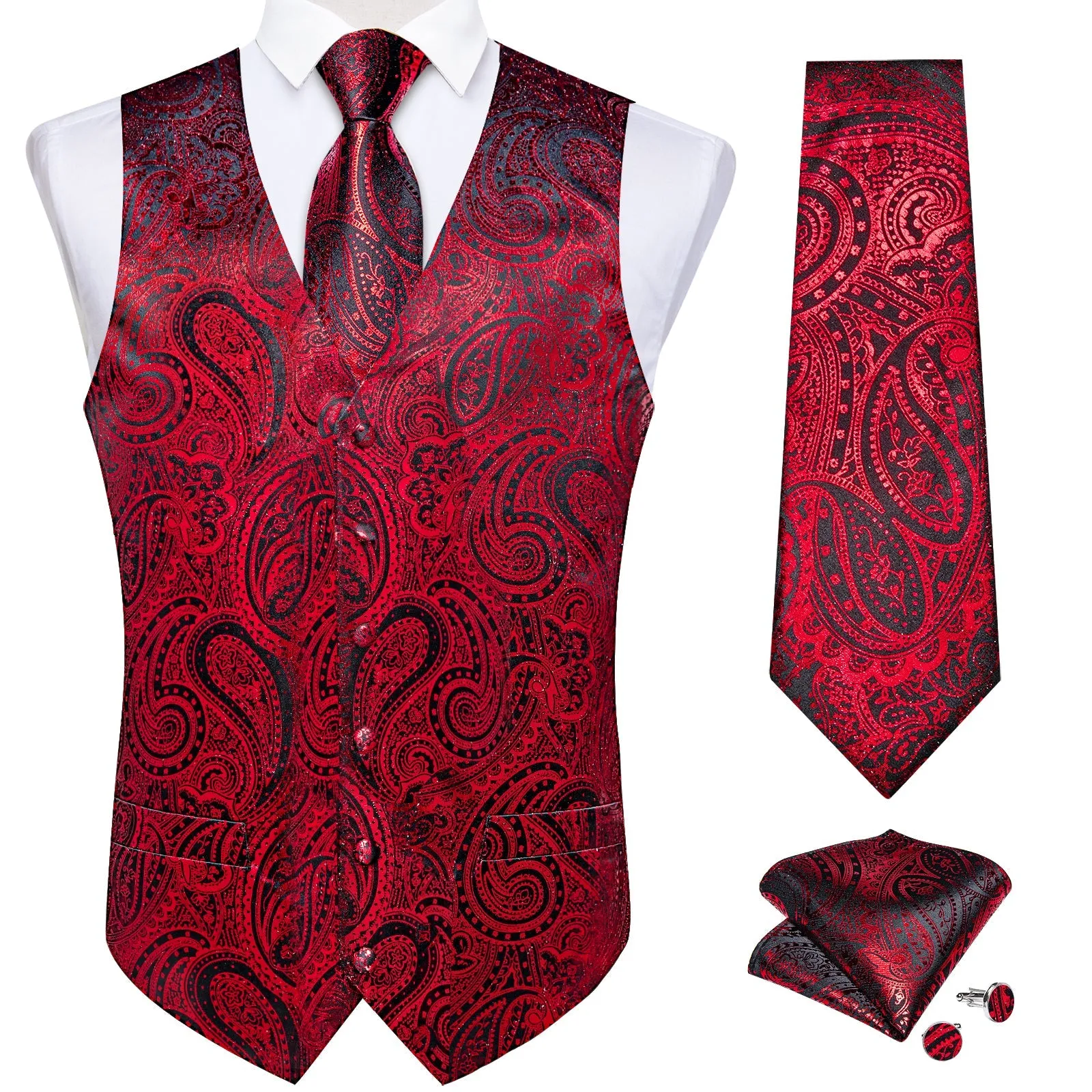 Red Paisley Silk Men's Vest Hanky Cufflinks Tie Set