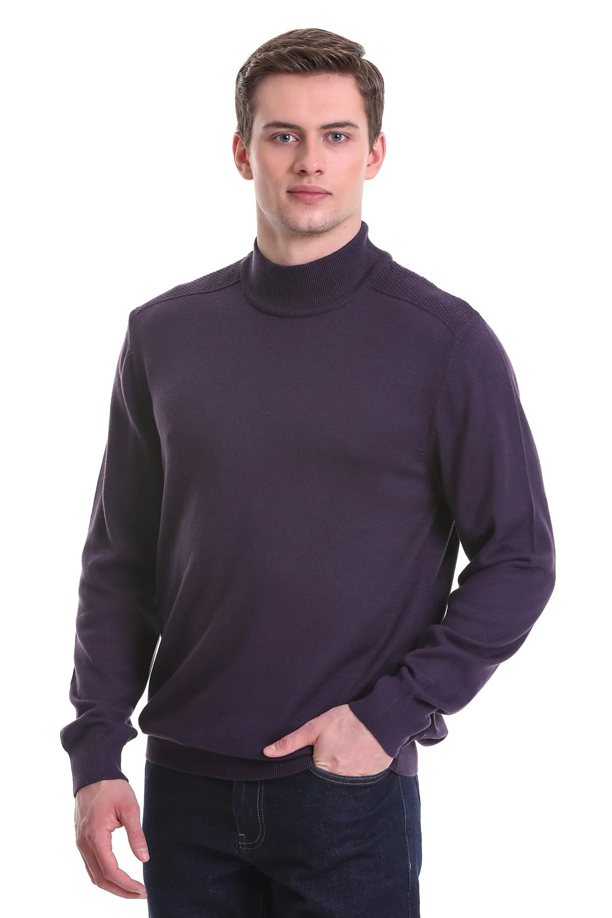 Regular Fit Light Purple Cotton Blend Mock Neck Sweater