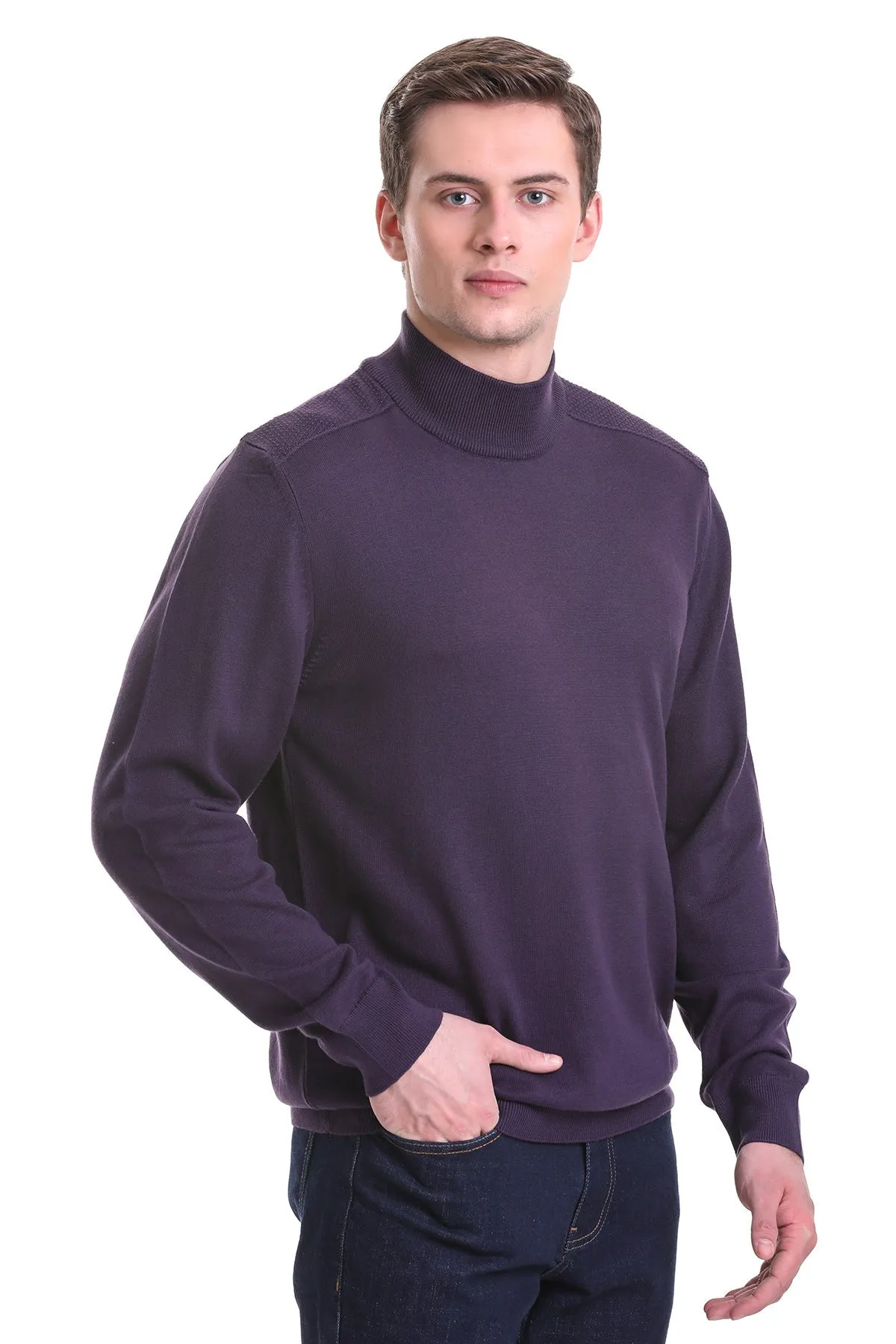 Regular Fit Light Purple Cotton Blend Mock Neck Sweater