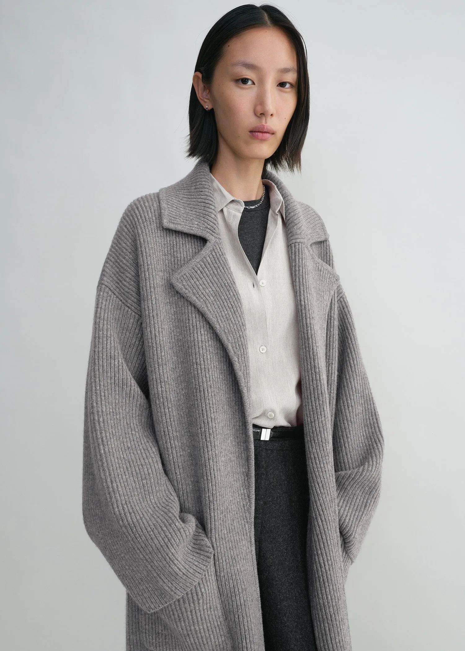 Rib-knit cardi coat grey melange