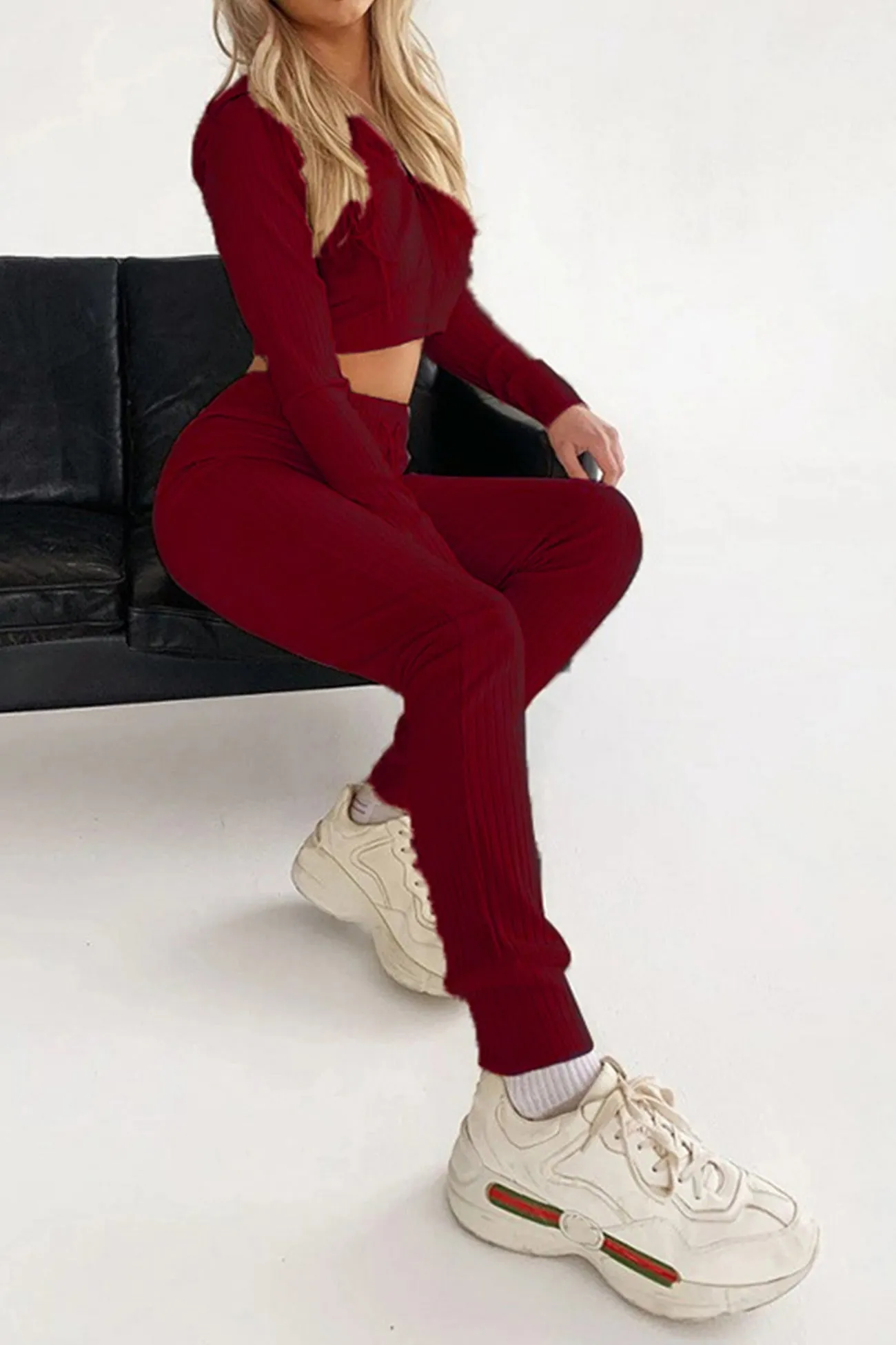 Ribbed Knit Hoodie Long Pants Suits