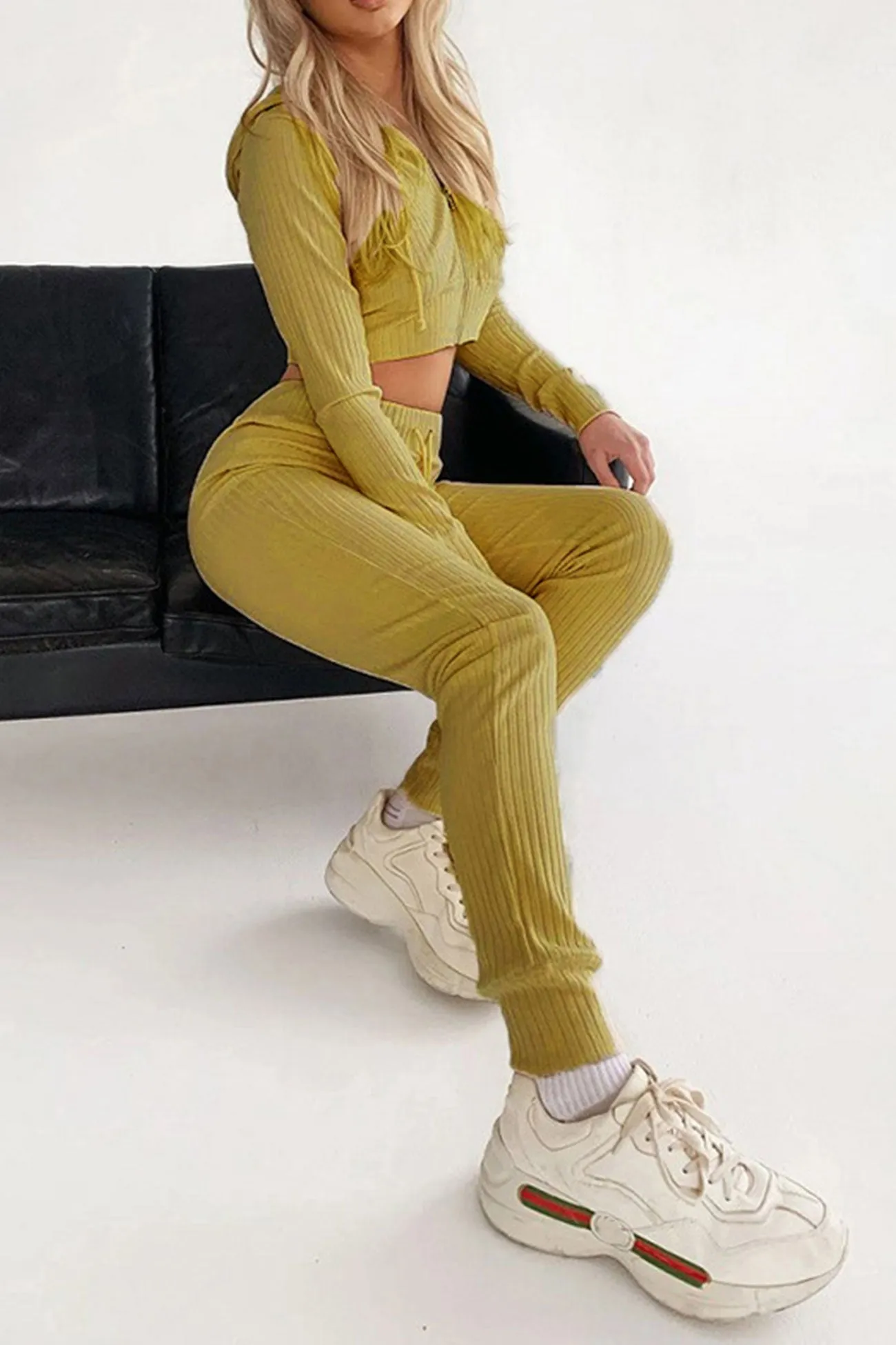 Ribbed Knit Hoodie Long Pants Suits