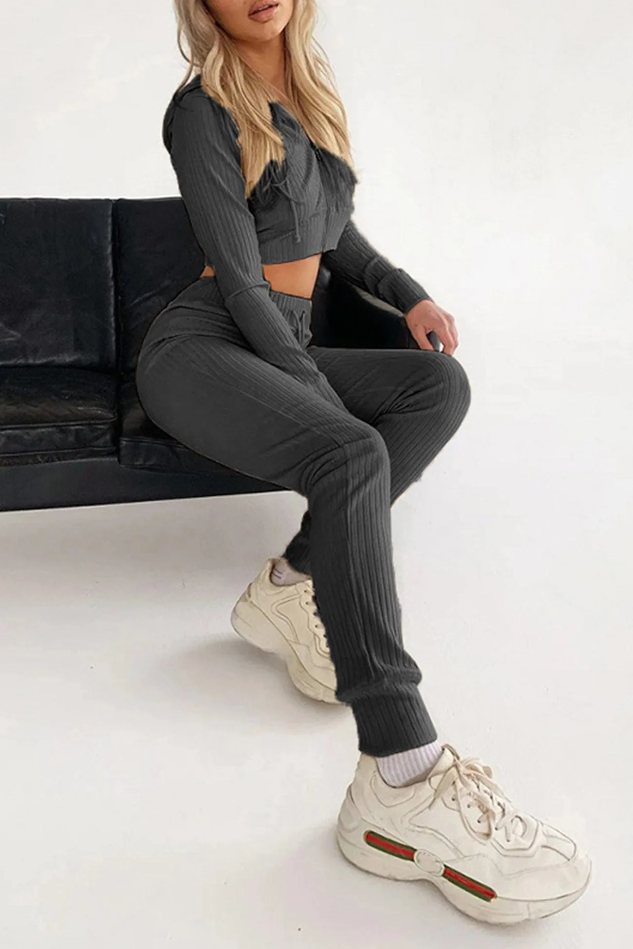 Ribbed Knit Hoodie Long Pants Suits