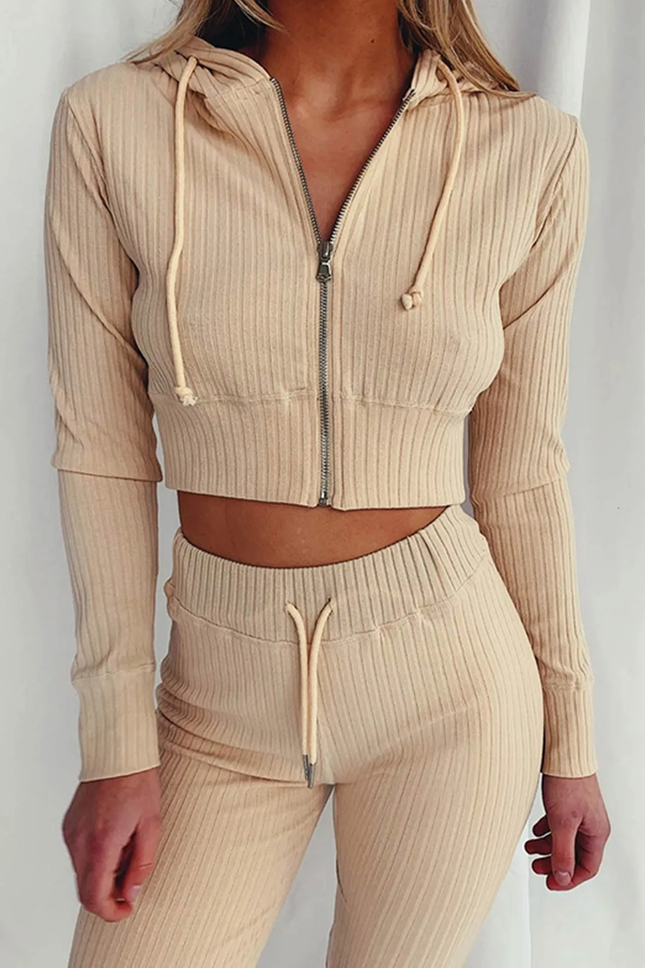 Ribbed Knit Hoodie Long Pants Suits