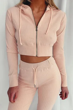 Ribbed Knit Hoodie Long Pants Suits