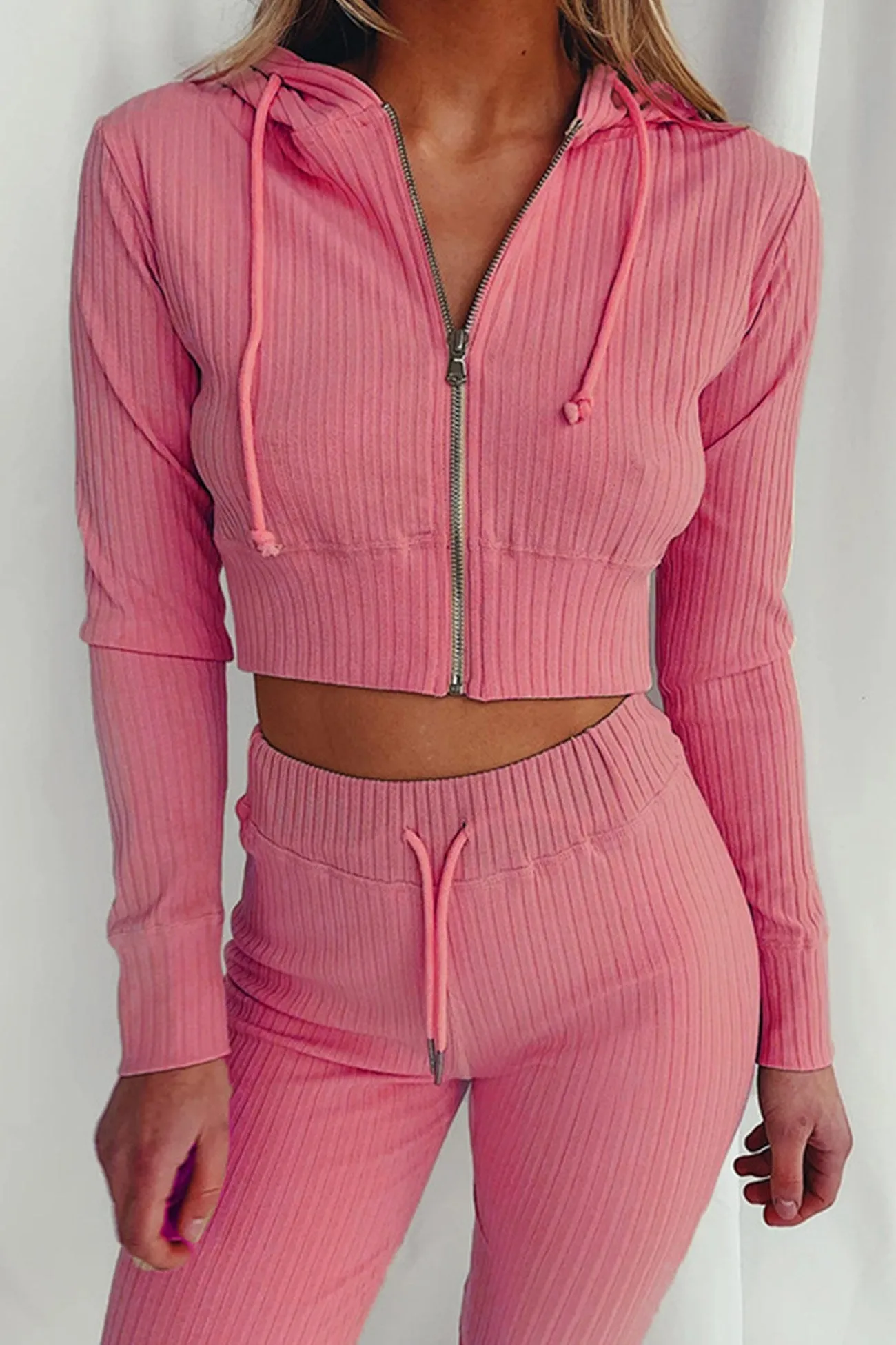 Ribbed Knit Hoodie Long Pants Suits