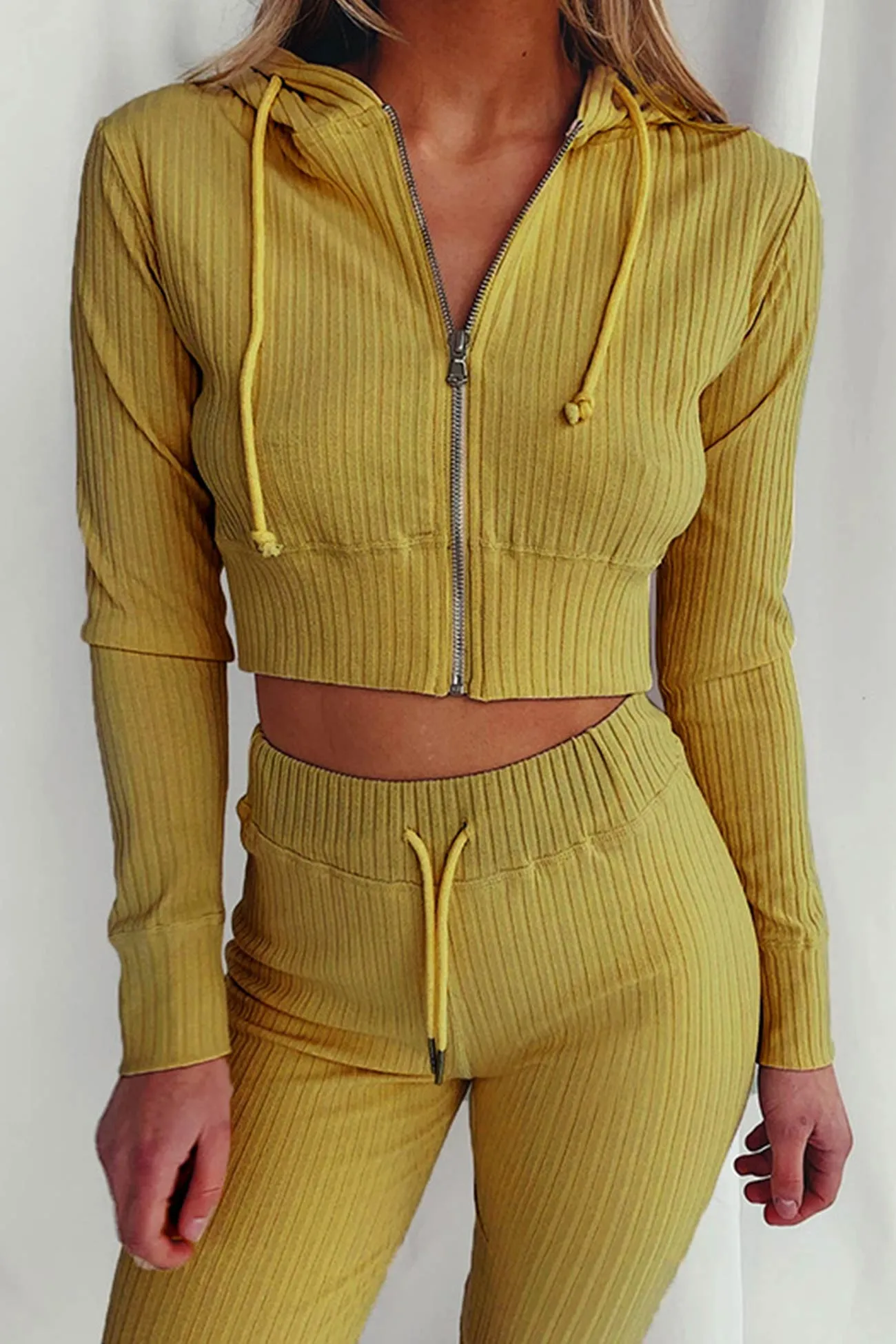 Ribbed Knit Hoodie Long Pants Suits