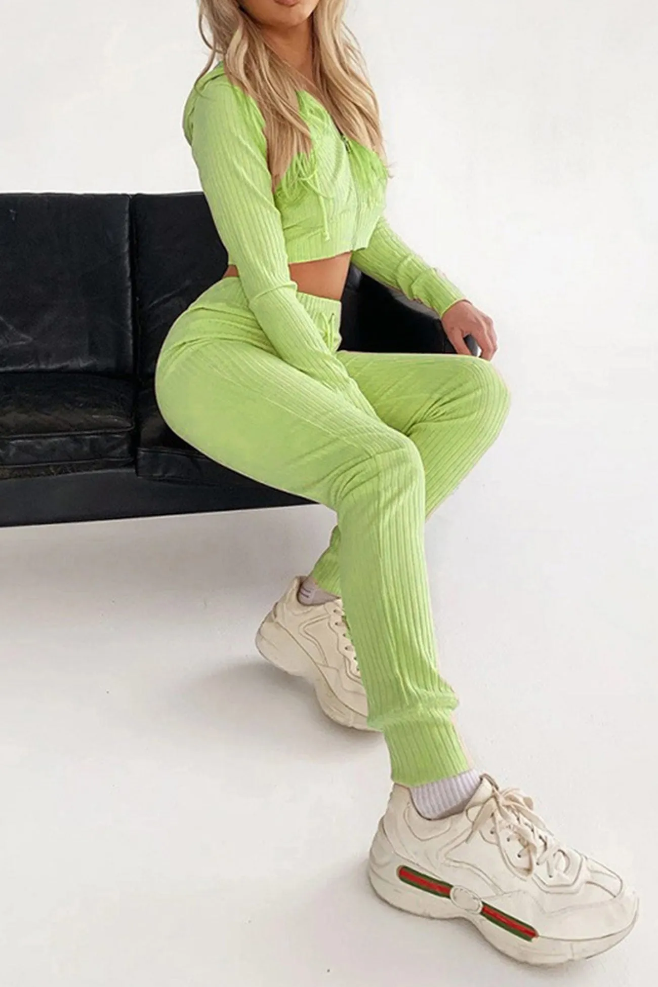 Ribbed Knit Hoodie Long Pants Suits