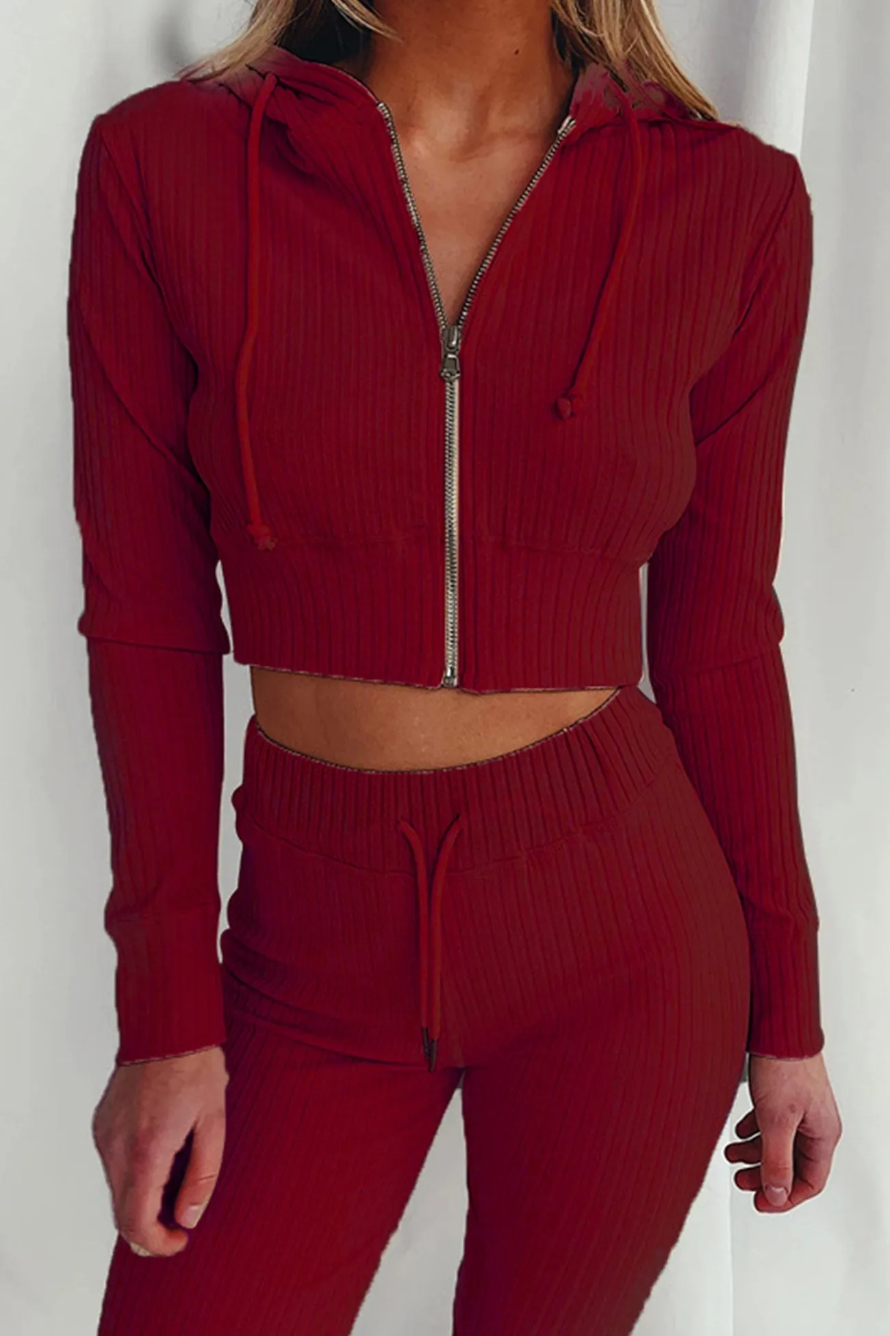 Ribbed Knit Hoodie Long Pants Suits