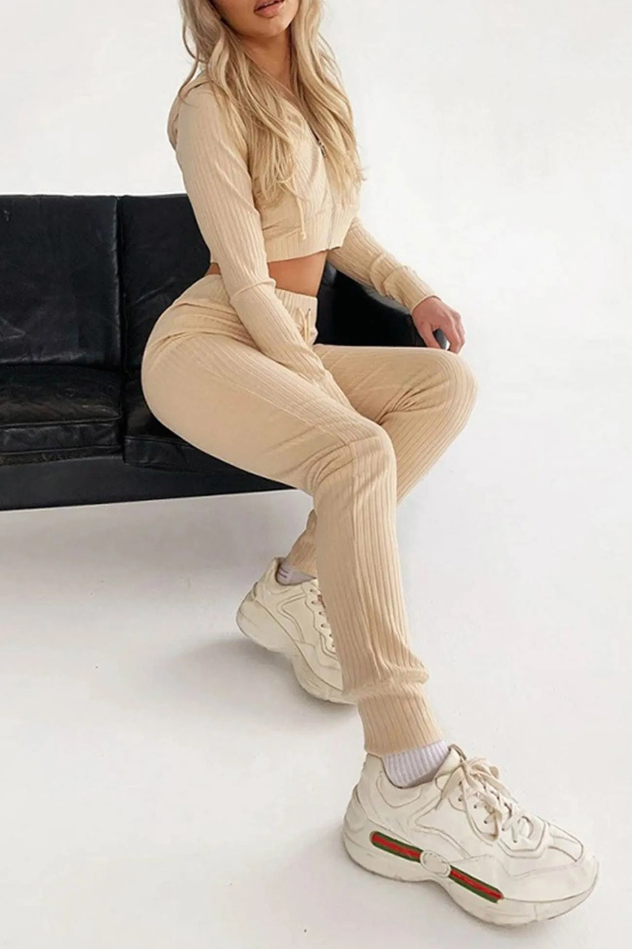 Ribbed Knit Hoodie Long Pants Suits