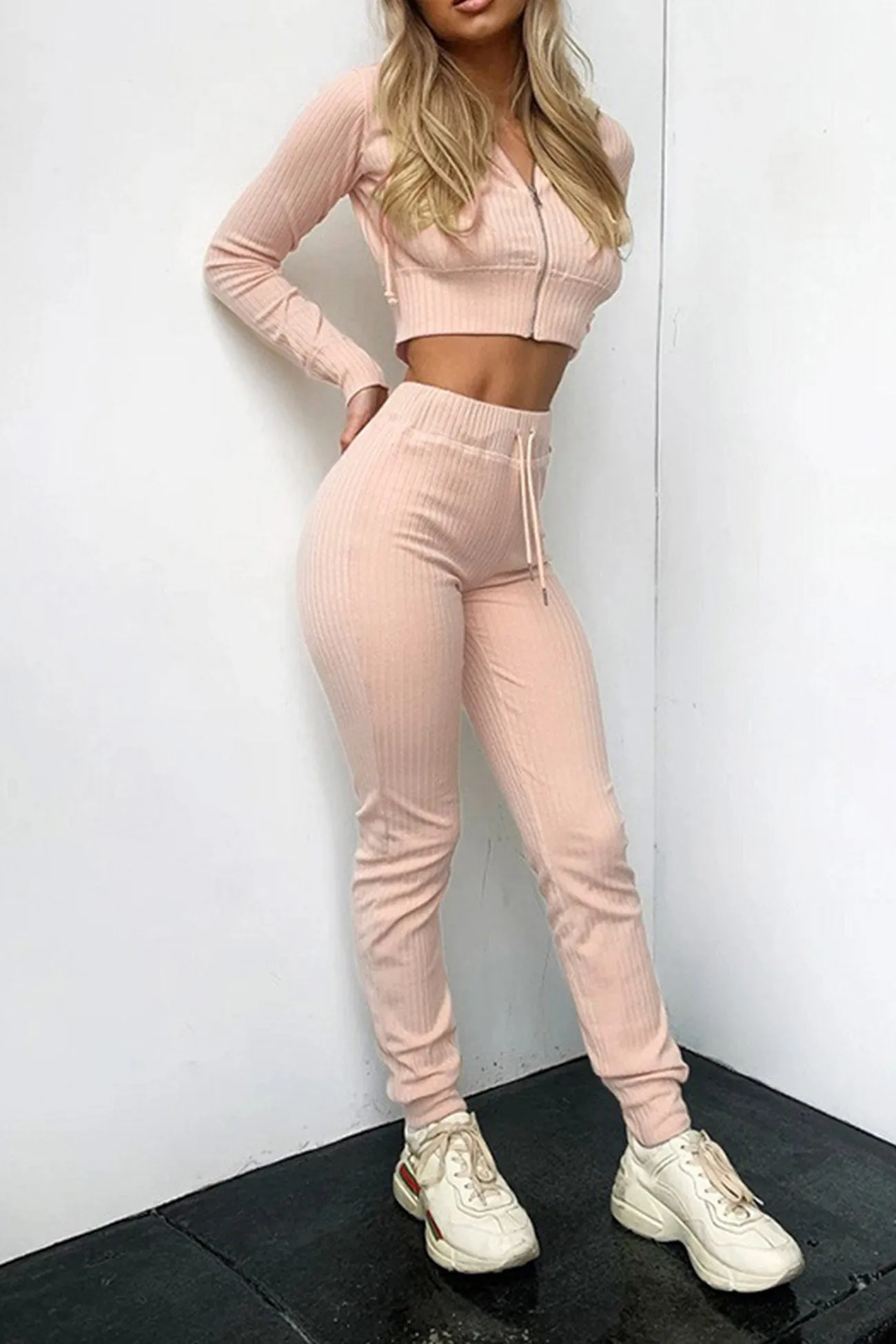 Ribbed Knit Hoodie Long Pants Suits