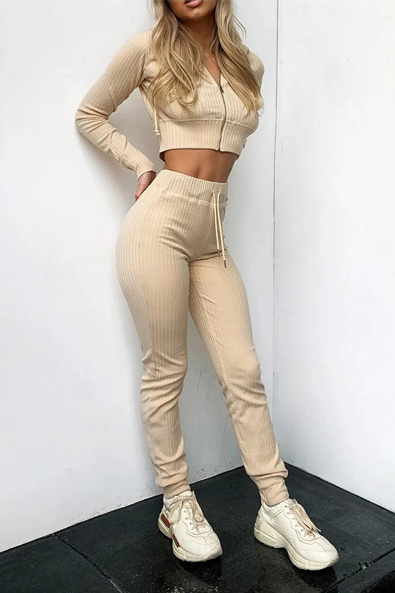 Ribbed Knit Hoodie Long Pants Suits