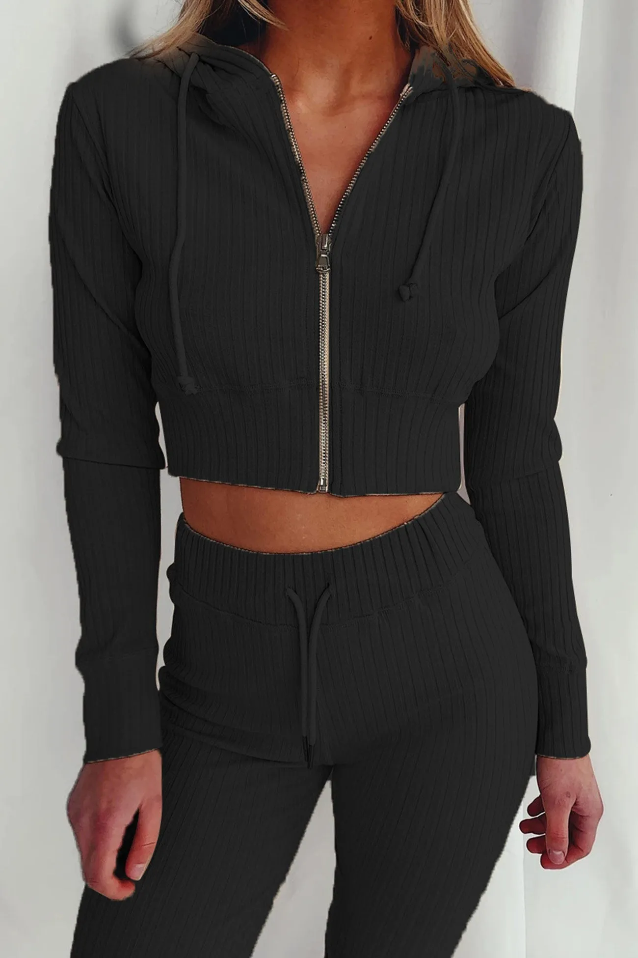 Ribbed Knit Hoodie Long Pants Suits