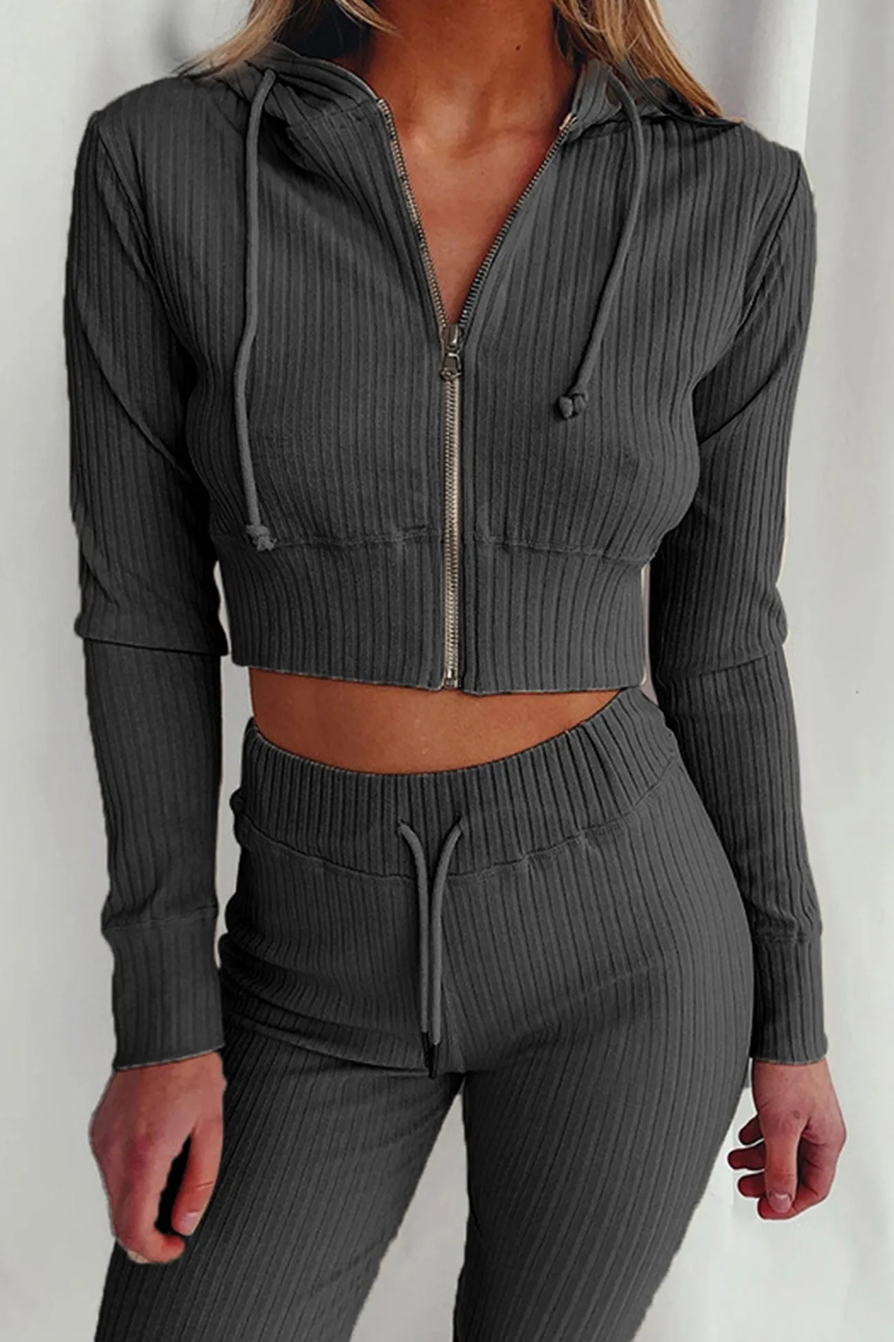 Ribbed Knit Hoodie Long Pants Suits