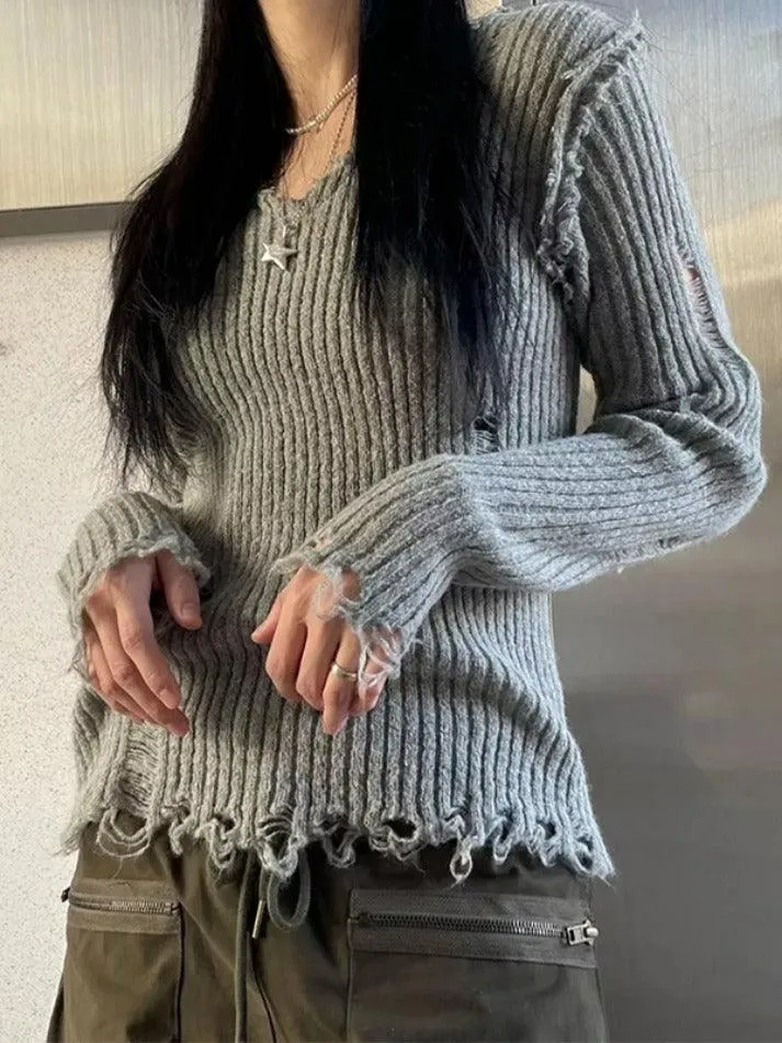 Ribbed Tattered V Neck Sweater