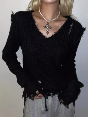 Ribbed Tattered V Neck Sweater