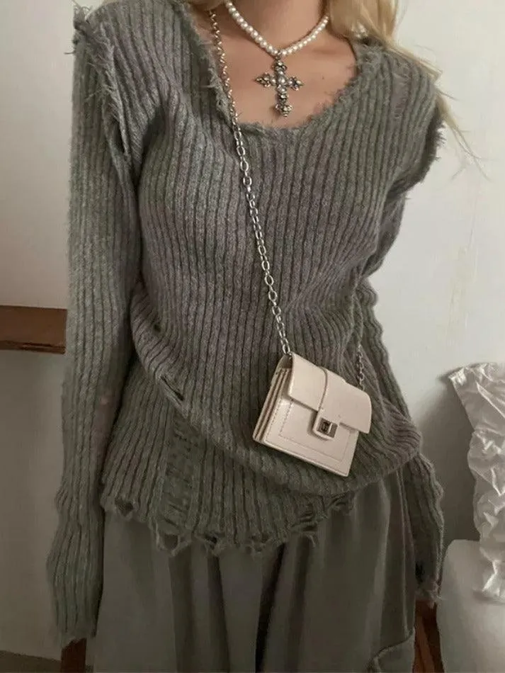 Ribbed Tattered V Neck Sweater