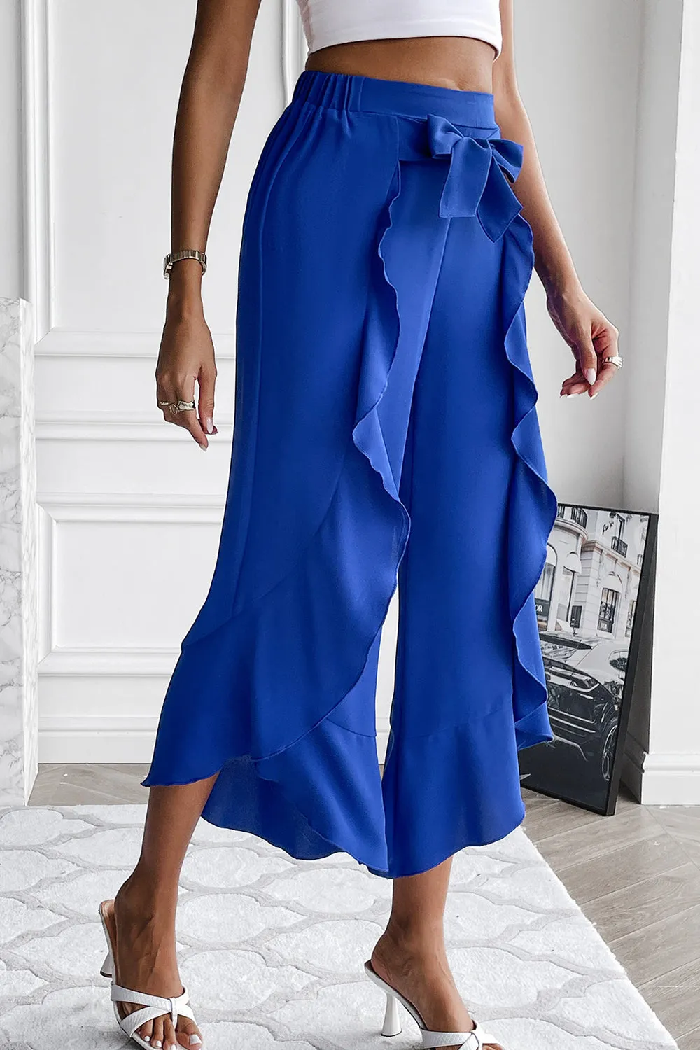 Ruffle Trim Cropped Wide Leg Pants