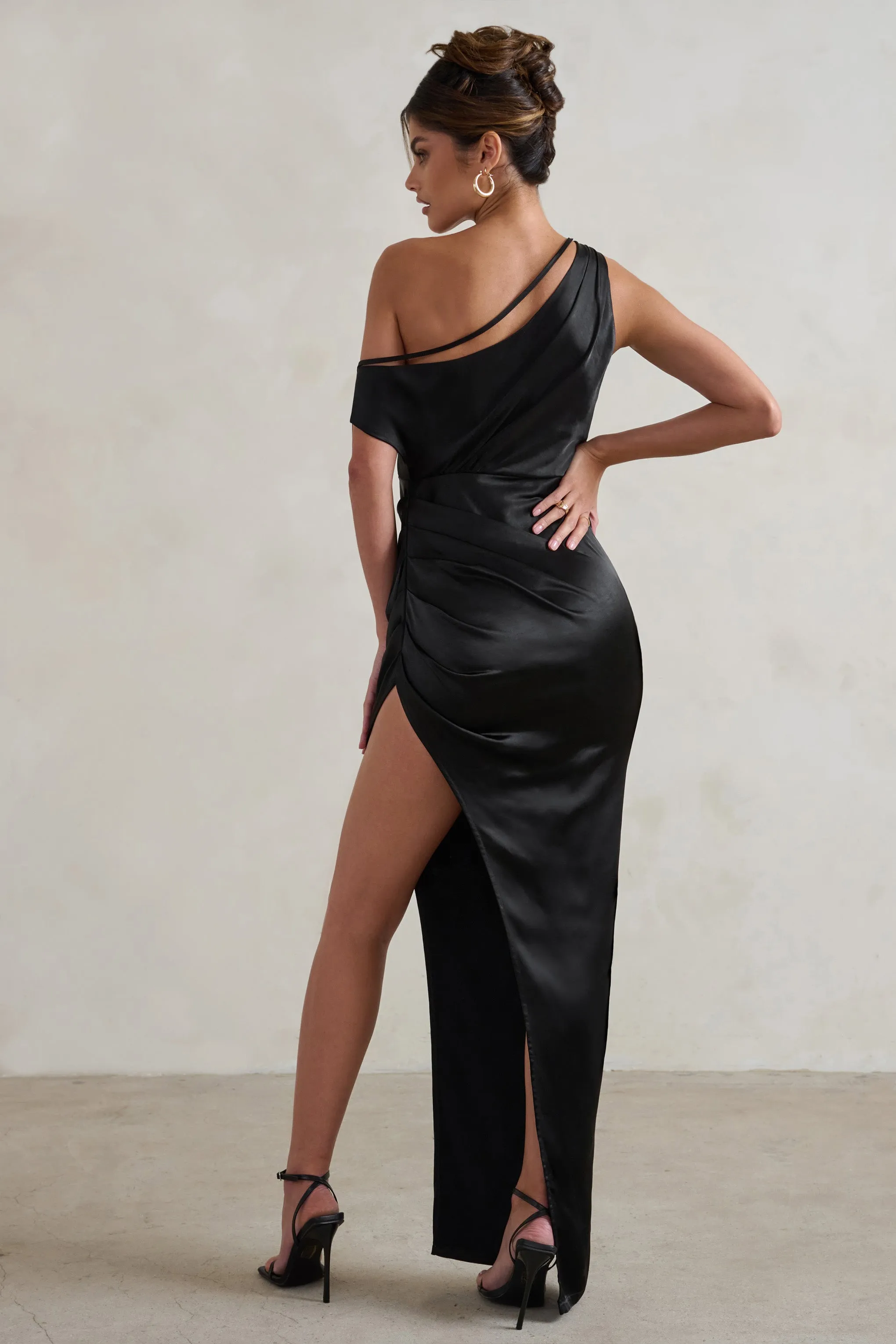 Select | Black Asymmetrical Extreme Split Satin Maxi Dress