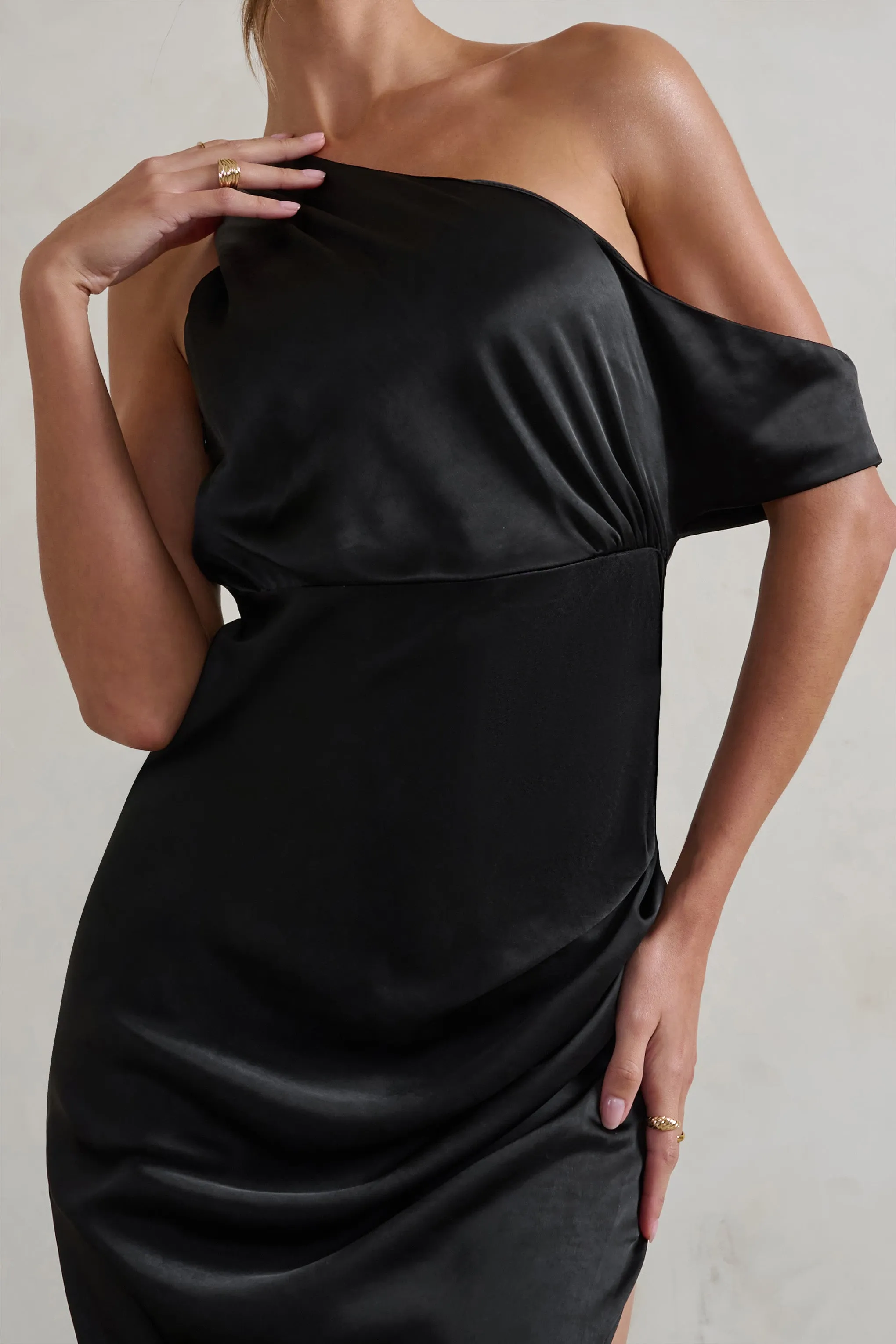 Select | Black Asymmetrical Extreme Split Satin Maxi Dress