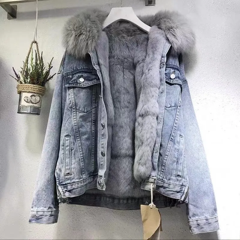 Short jacket cotton-padded 2023 winter fleece-lined new cotton-padded jacket loose korean denim fur collar thickened jacket for women