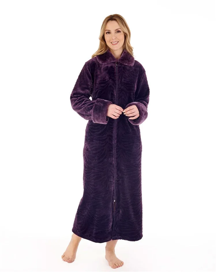 Slenderella Longer Length Zebra Effect Supersoft Faux Fur Trim Zip Front Dressing Gown (Long Length)