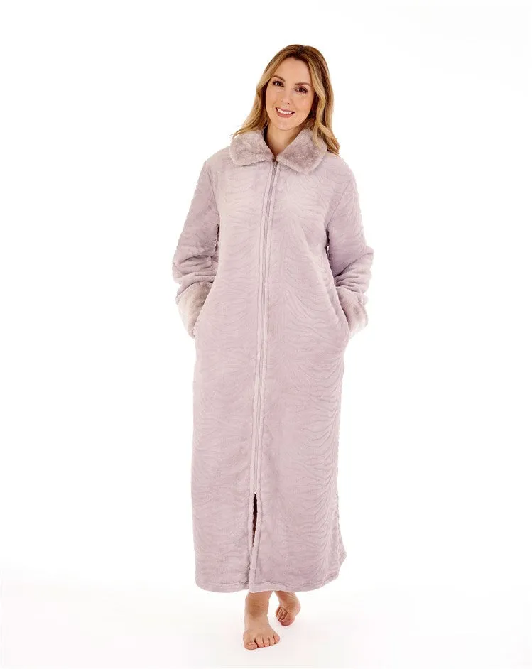 Slenderella Longer Length Zebra Effect Supersoft Faux Fur Trim Zip Front Dressing Gown (Long Length)