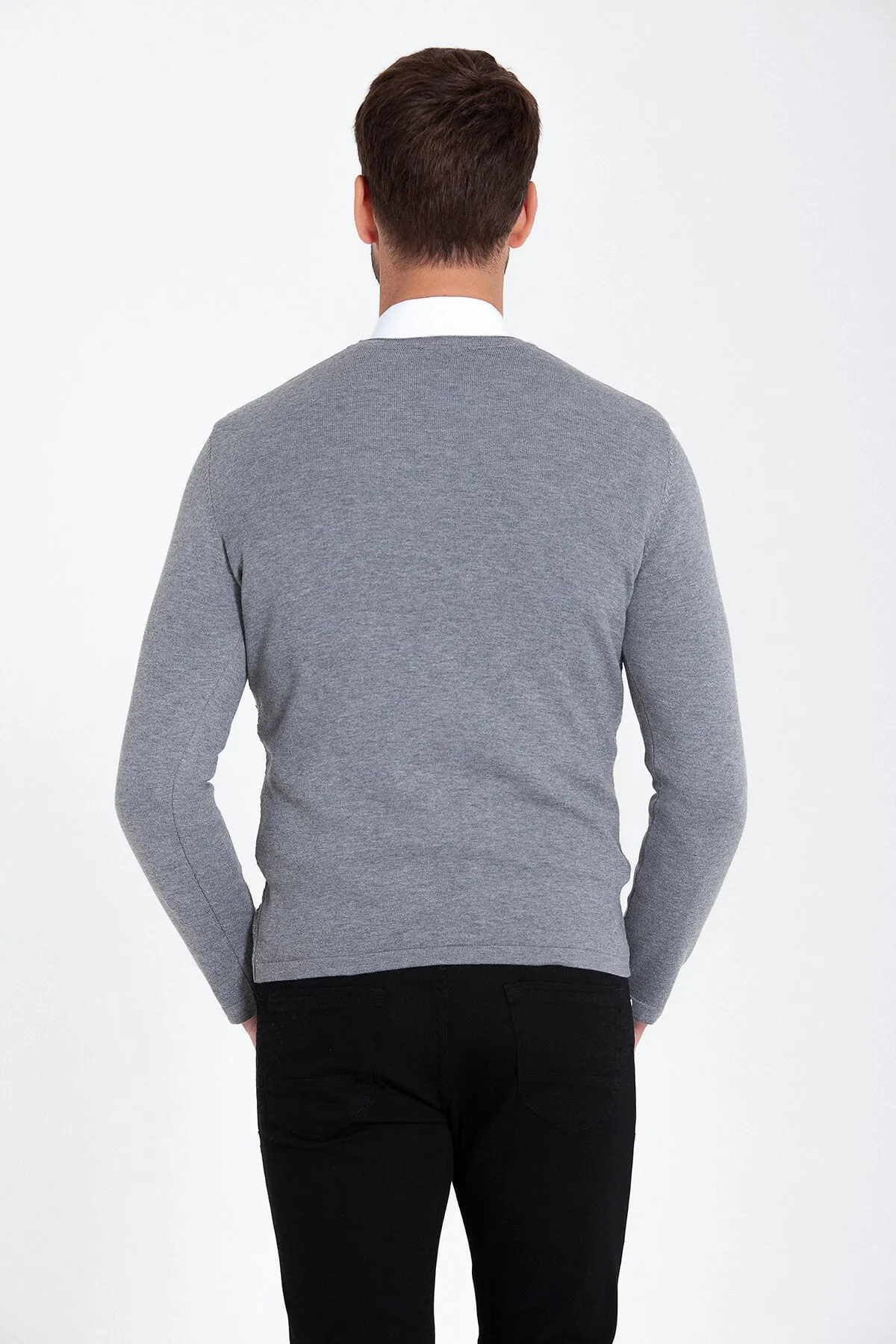 Slim Fit Plain Cotton Blend Black & Red Crewneck Sweater, Gray - Camel