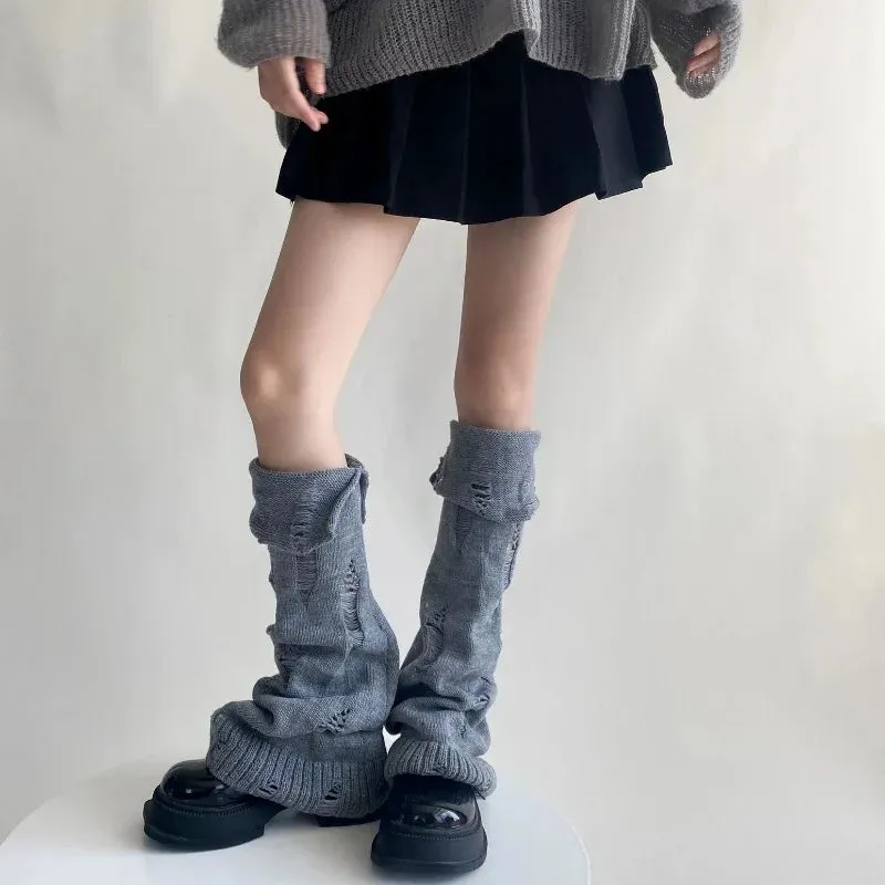 Sohiwoo Grey Women Leg Warmers Y2k Knitted Loose Long Socks Stockings Warm Foot Cover Girls Knee Socks Leg Warmer Japanese Autumn Winter