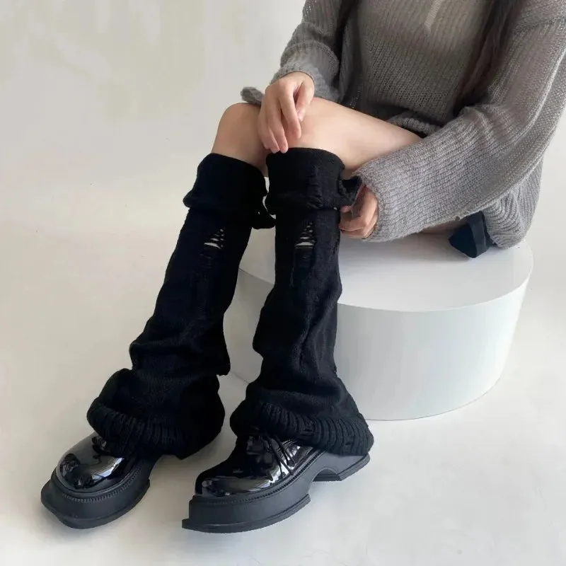 Sohiwoo Grey Women Leg Warmers Y2k Knitted Loose Long Socks Stockings Warm Foot Cover Girls Knee Socks Leg Warmer Japanese Autumn Winter