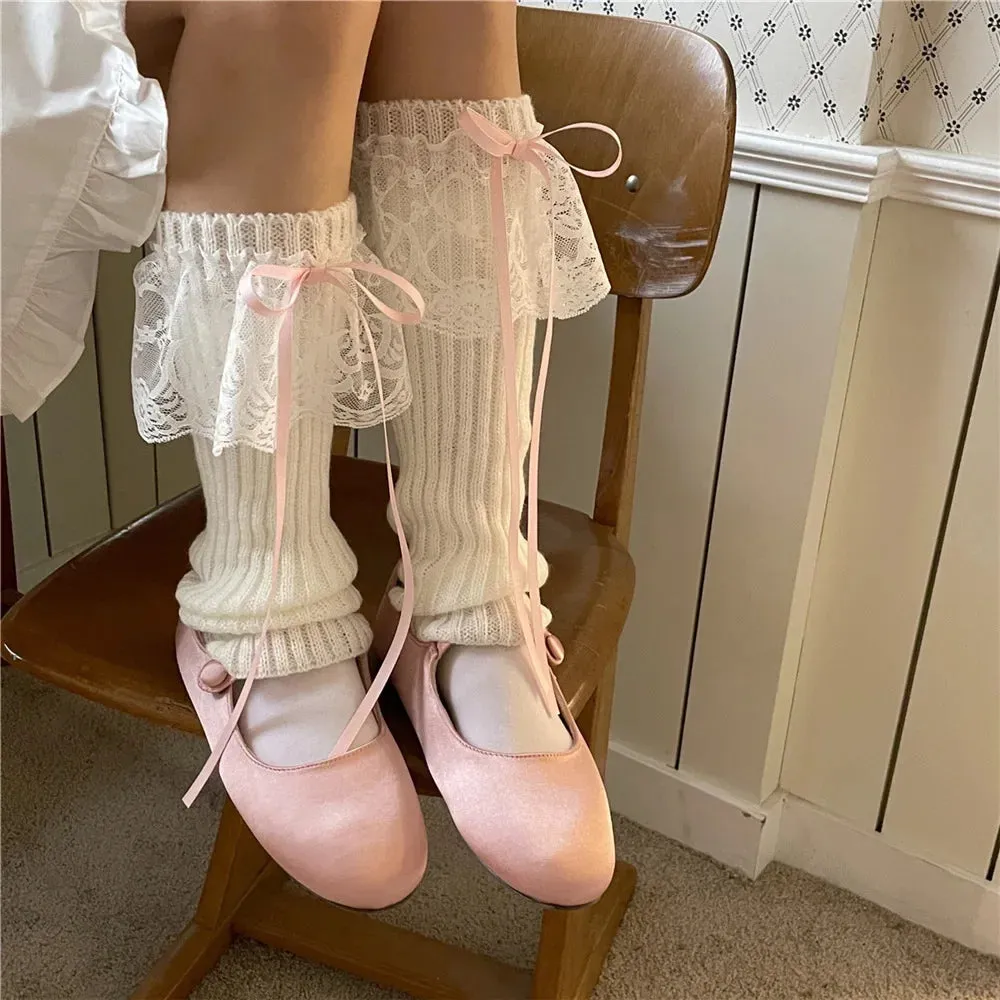 Sohiwoo Japanese JK Lolita Girls Bow Streamer Leg Socks Knitted Lace Leg Cover Pile Socks Japanese Y2K Leg Warmers Accessories