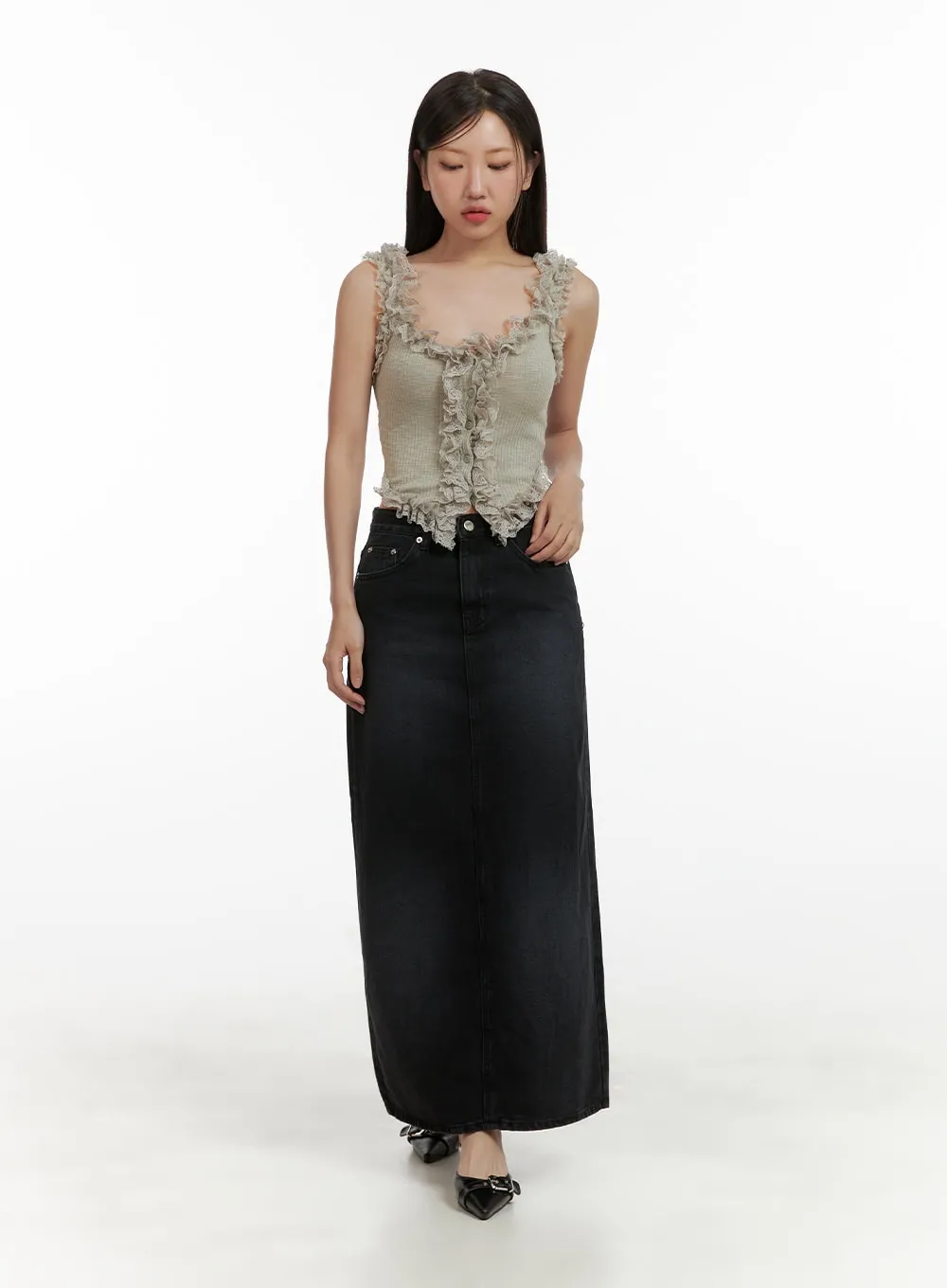 Solid Denim Maxi Skirt CU405