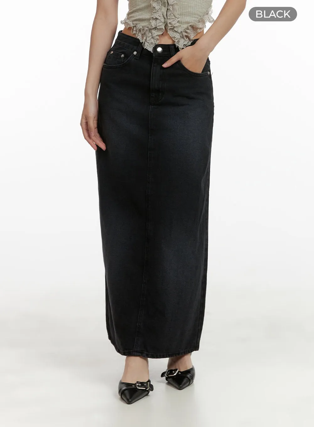 Solid Denim Maxi Skirt CU405