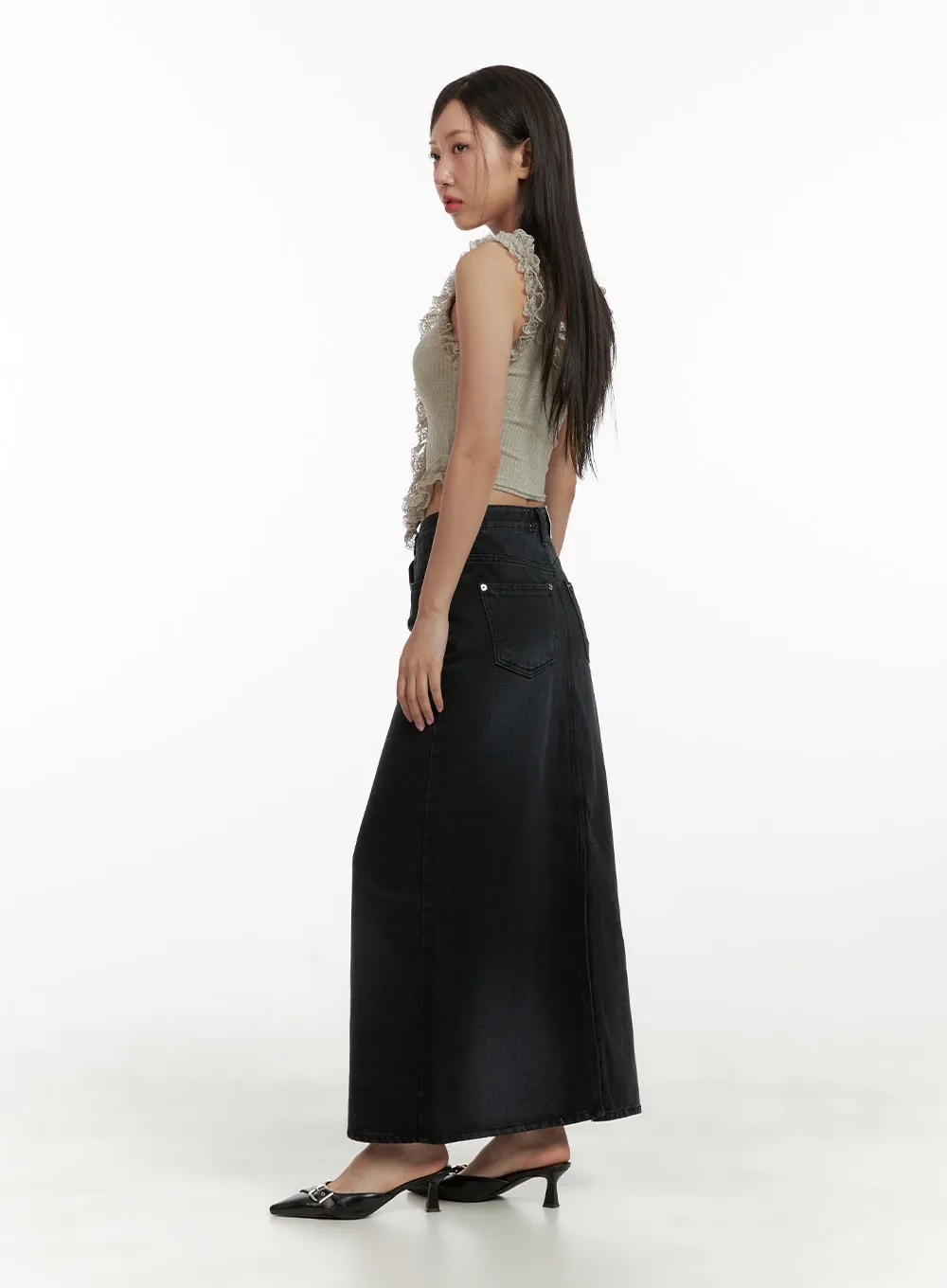 Solid Denim Maxi Skirt CU405