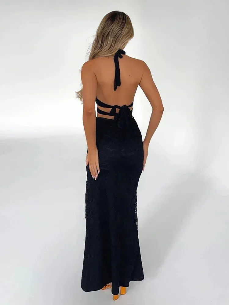 Split Hollow Out Nightclub Backless Halter Elegant Long Summer Maxi Dress