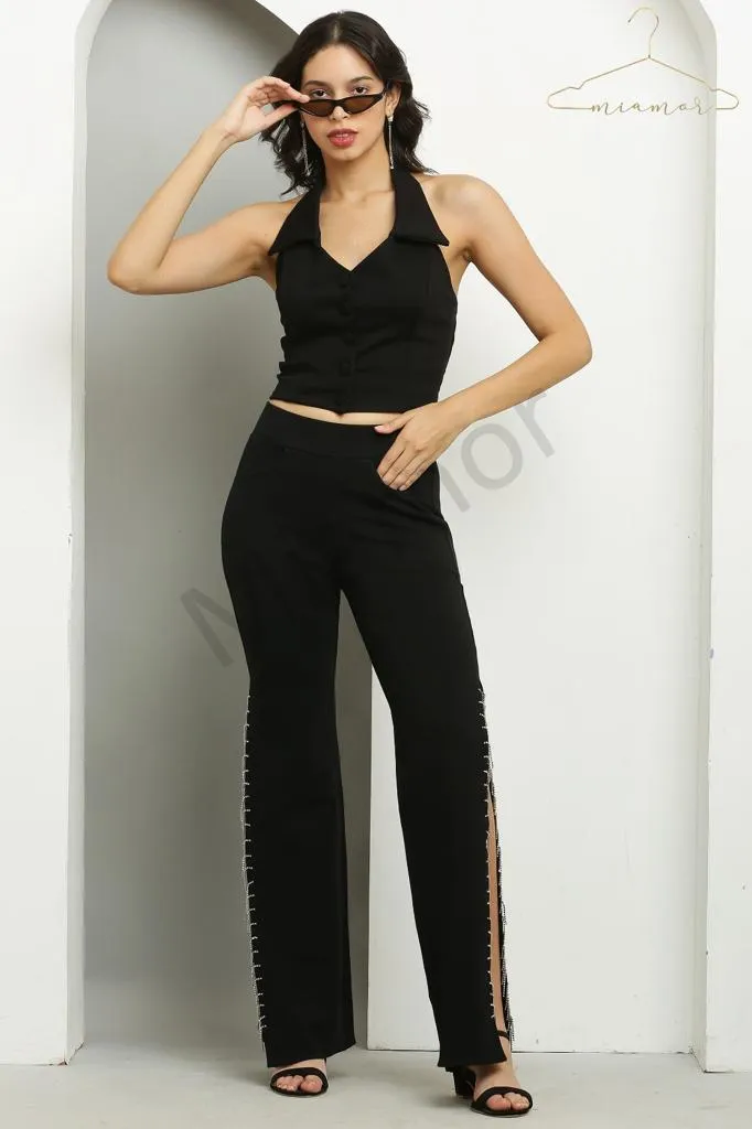 Stylish high waist pant side cut diamond fringes