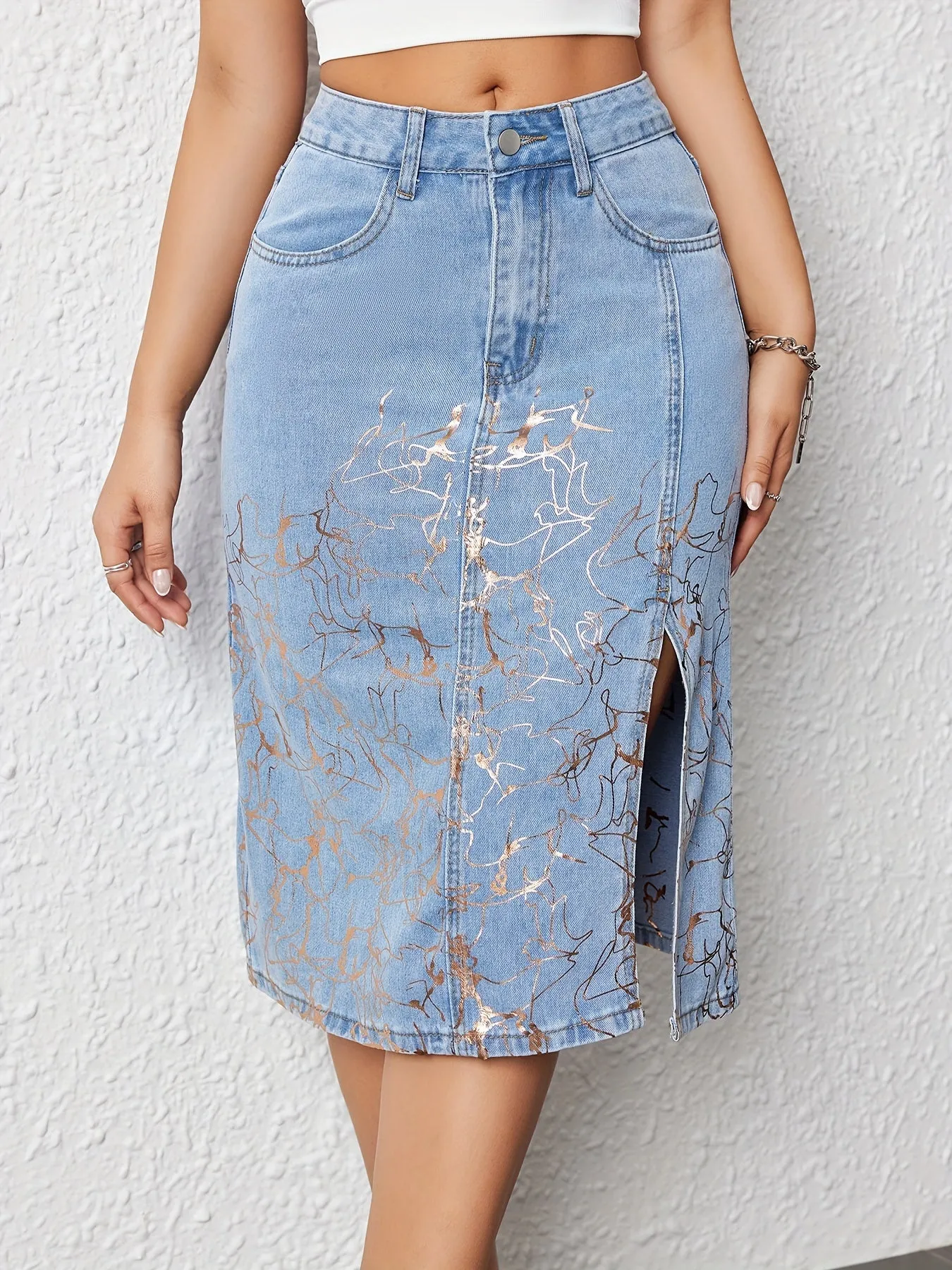 Stylish High-Waisted Midi Skirt - Women Denim Skirts - Golden Accent, Slimming, Elegant, Fashionable, Casual, Streetwear, Comfortable, Flattering, Versatile, and Perfect for Daily Wear