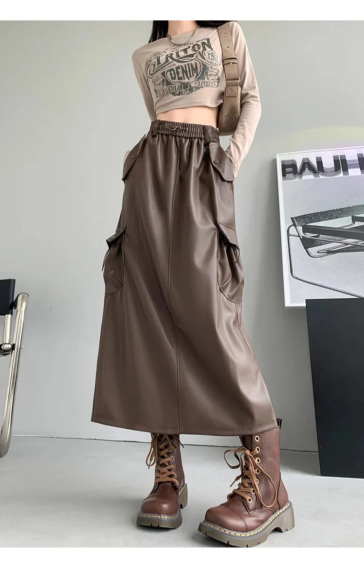 Summer Grey Drawstring Elastic Waist Pu Women's Midi Skirts Office Lady Slim A-line Split Solid Color Female Cargo Skirt