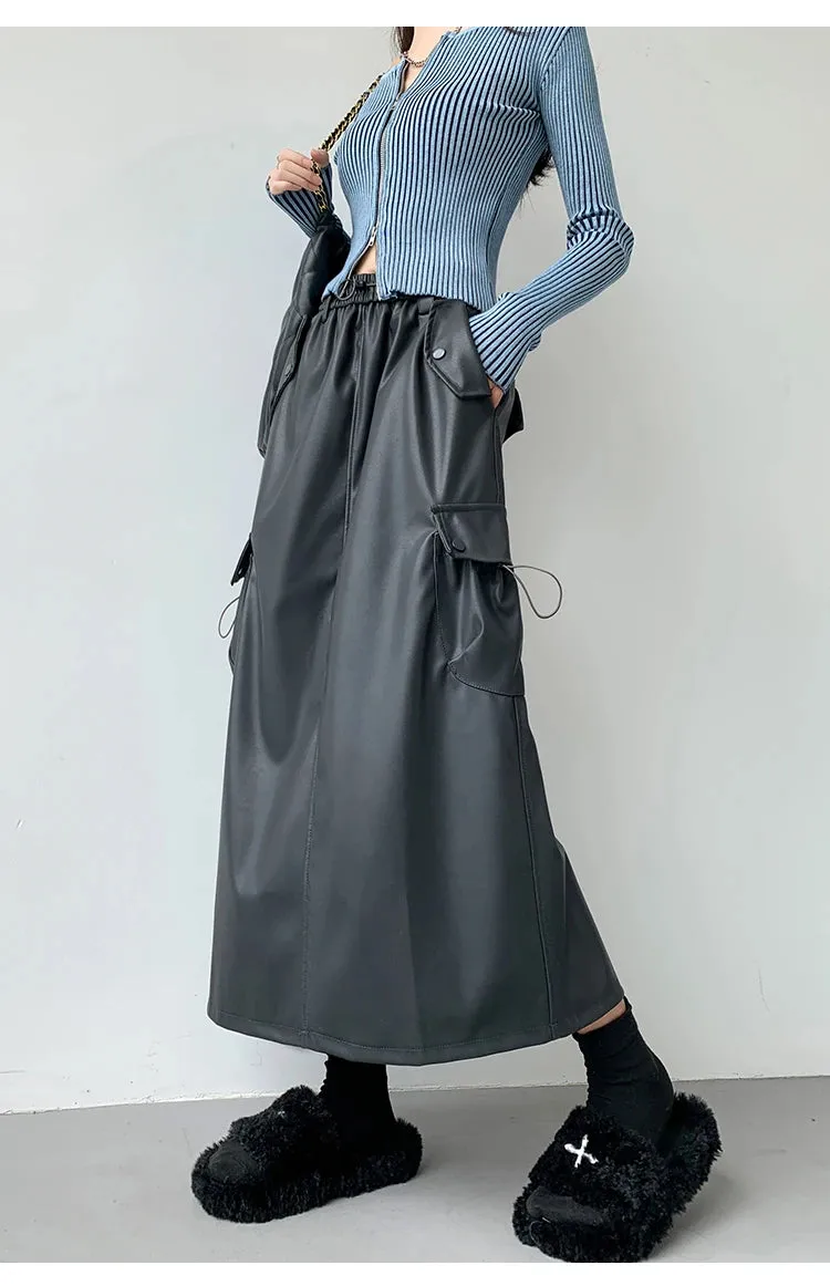 Summer Grey Drawstring Elastic Waist Pu Women's Midi Skirts Office Lady Slim A-line Split Solid Color Female Cargo Skirt