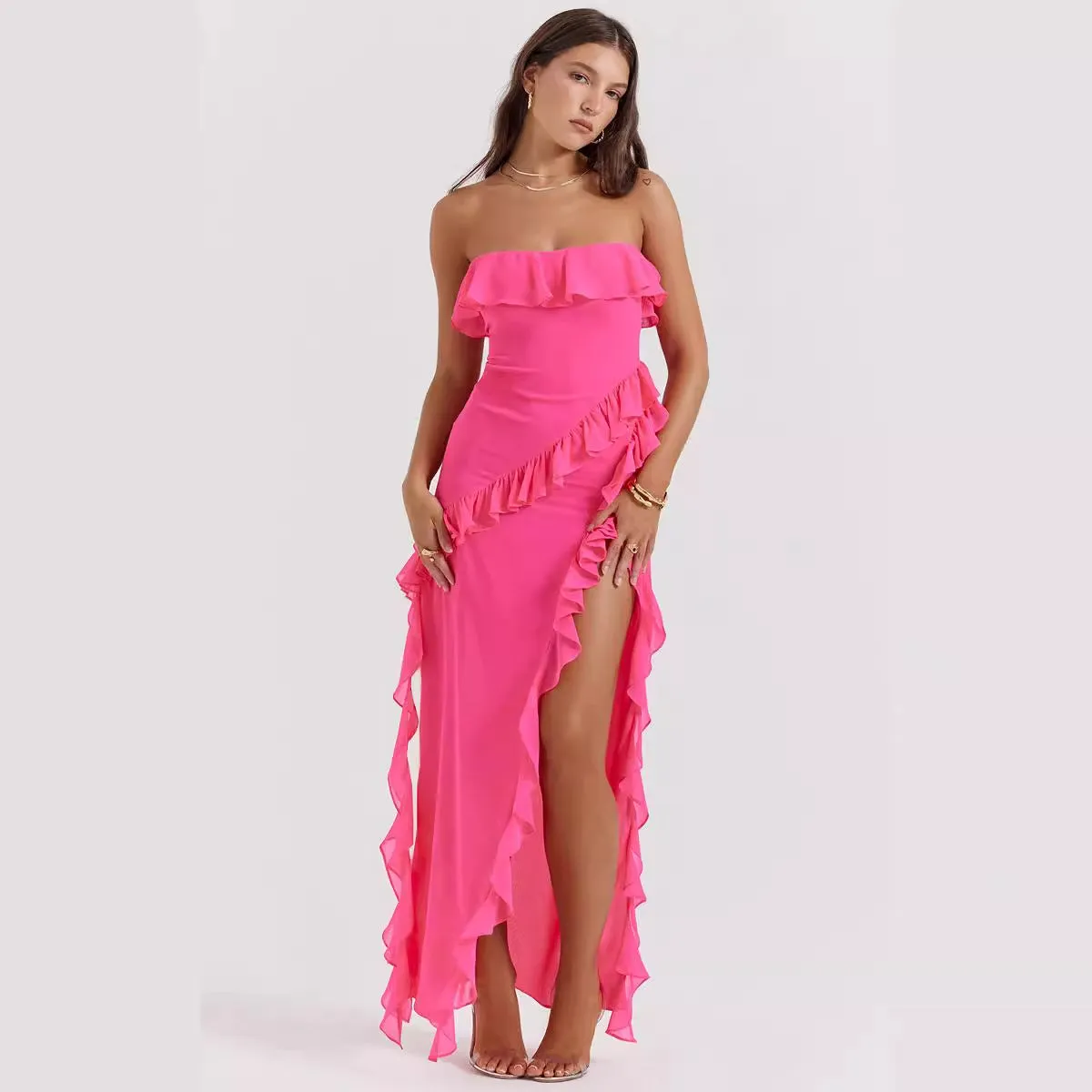 Summer Sexy Ruffles Wrapped Chest Split Sleeveless Off The Shoulder Dress Dress