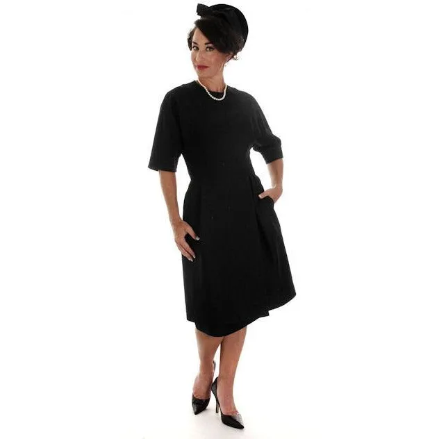 Teal Traina 1950s VTG Couture Dress Designer 50s Cocktail Little Black Dress S