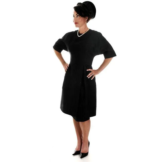 Teal Traina 1950s VTG Couture Dress Designer 50s Cocktail Little Black Dress S