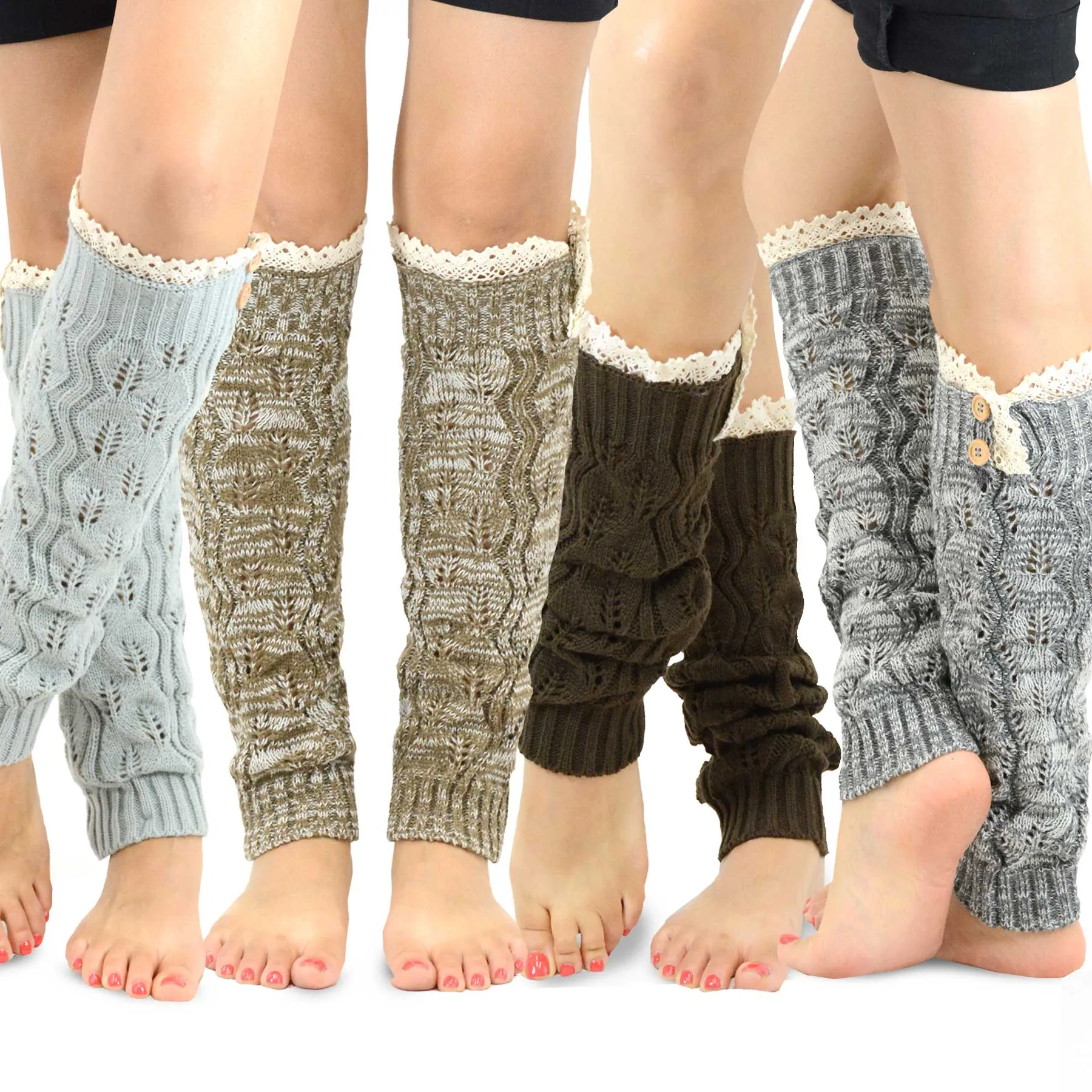 TeeHee Socks Women's Acrylic Leg Warmer Lace with Button 4-Pack Gift Box (Z104)