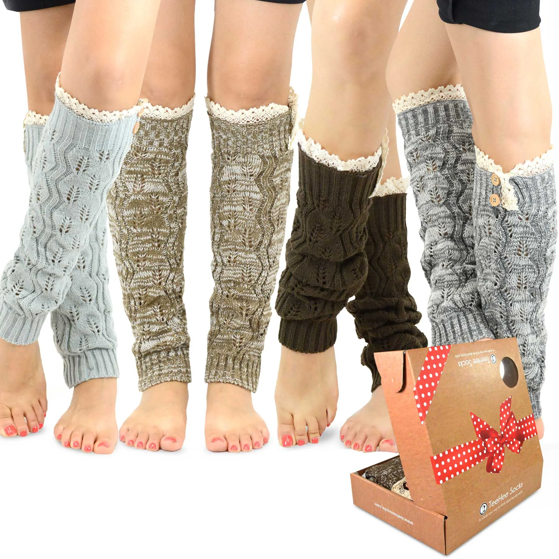 TeeHee Socks Women's Acrylic Leg Warmer Lace with Button 4-Pack Gift Box (Z104)